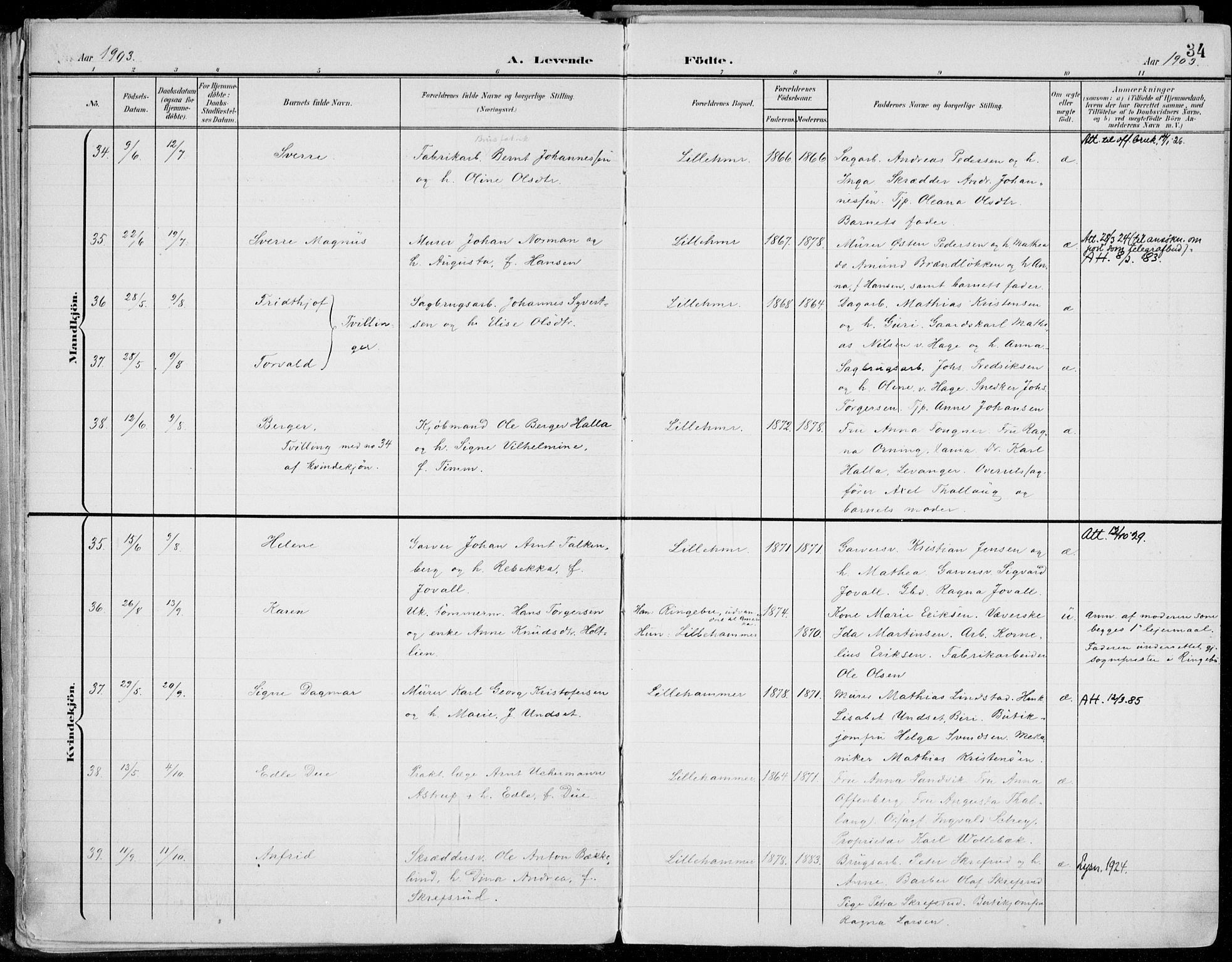 Lillehammer prestekontor, AV/SAH-PREST-088/H/Ha/Haa/L0001: Parish register (official) no. 1, 1901-1916, p. 34