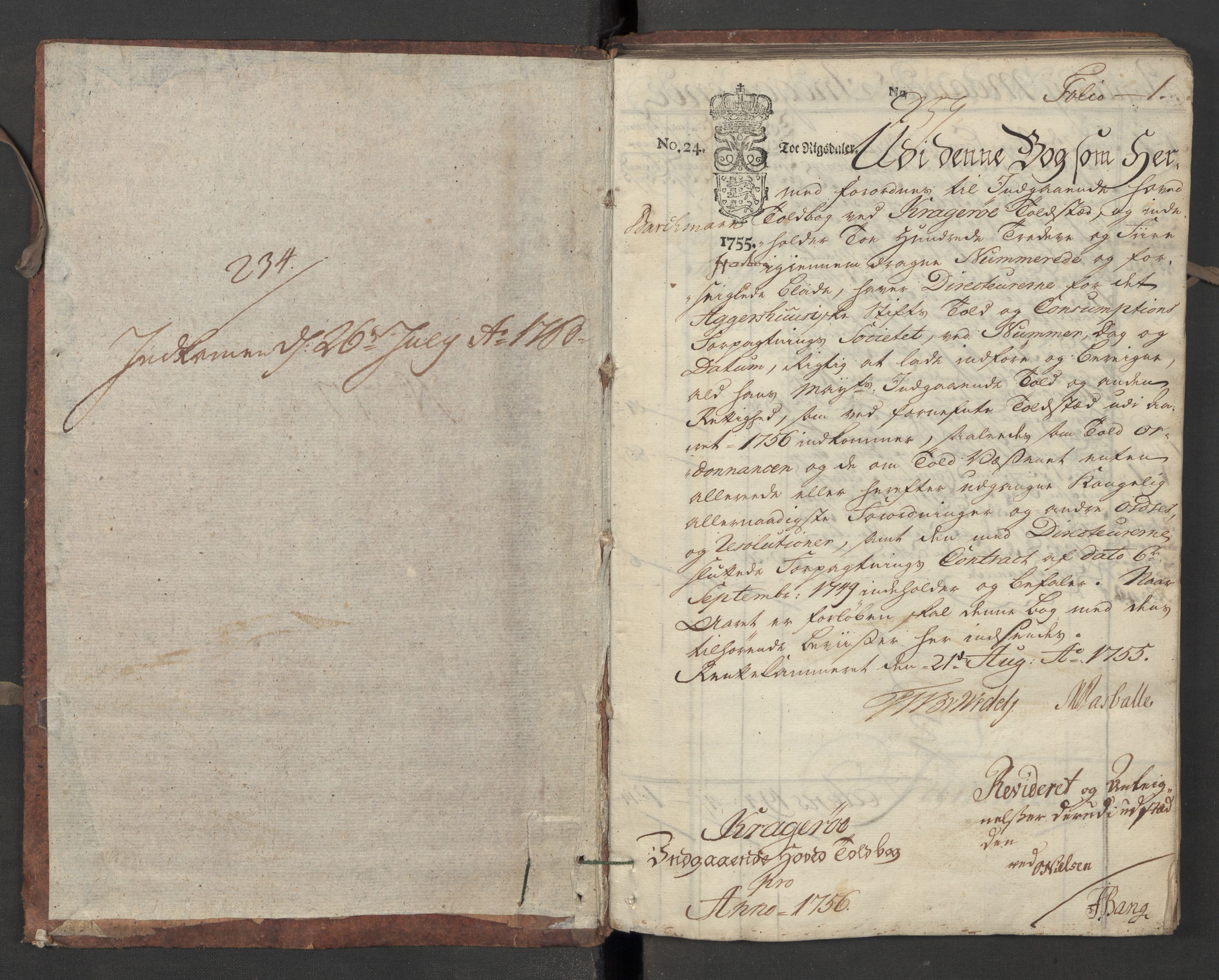 Generaltollkammeret, tollregnskaper, RA/EA-5490/R13/L0020/0001: Tollregnskaper Kragerø / Inngående hovedtollbok, 1756, p. 1a