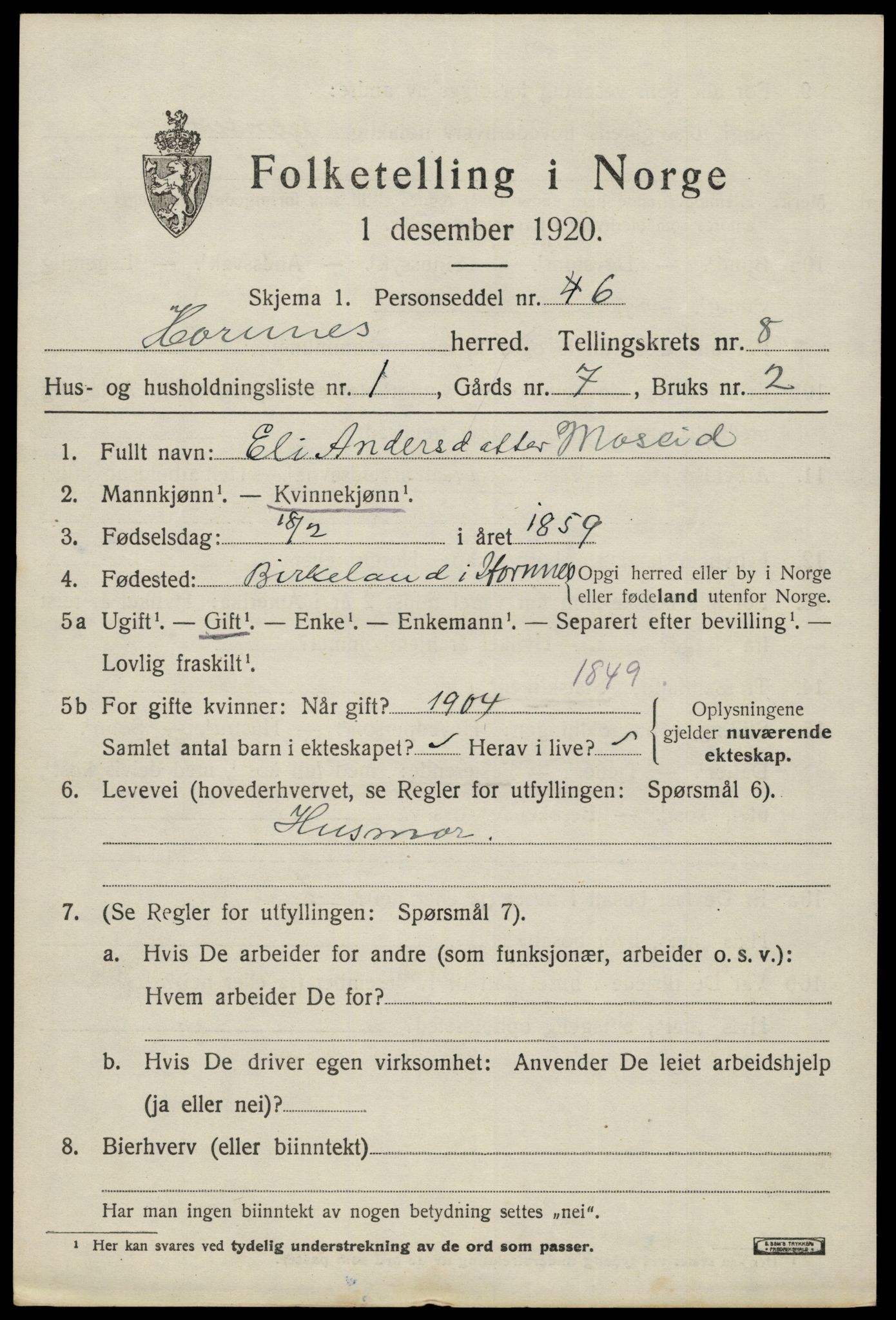 SAK, 1920 census for Hornnes, 1920, p. 1783