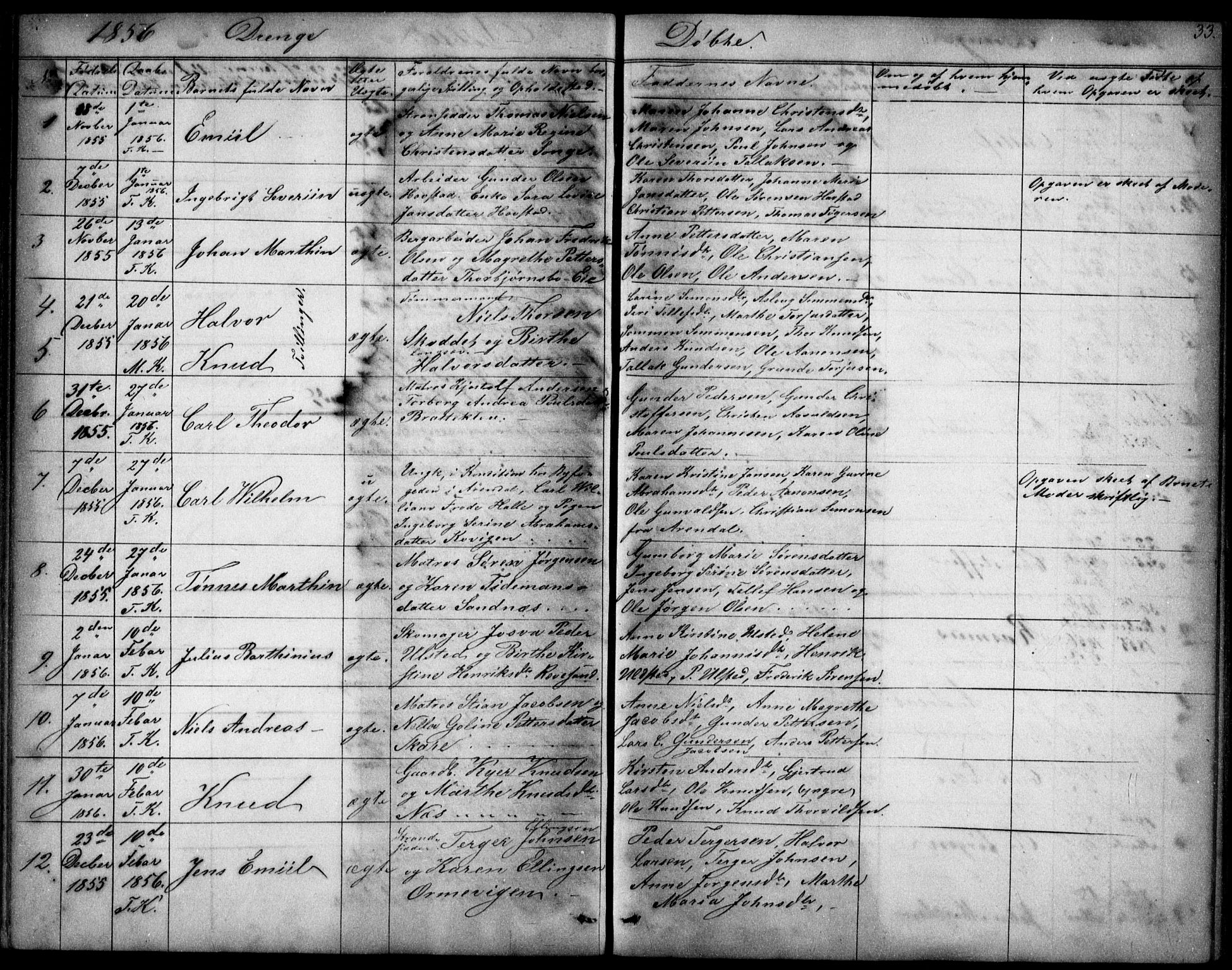 Tromøy sokneprestkontor, SAK/1111-0041/F/Fb/L0002: Parish register (copy) no. B 2, 1851-1858, p. 33