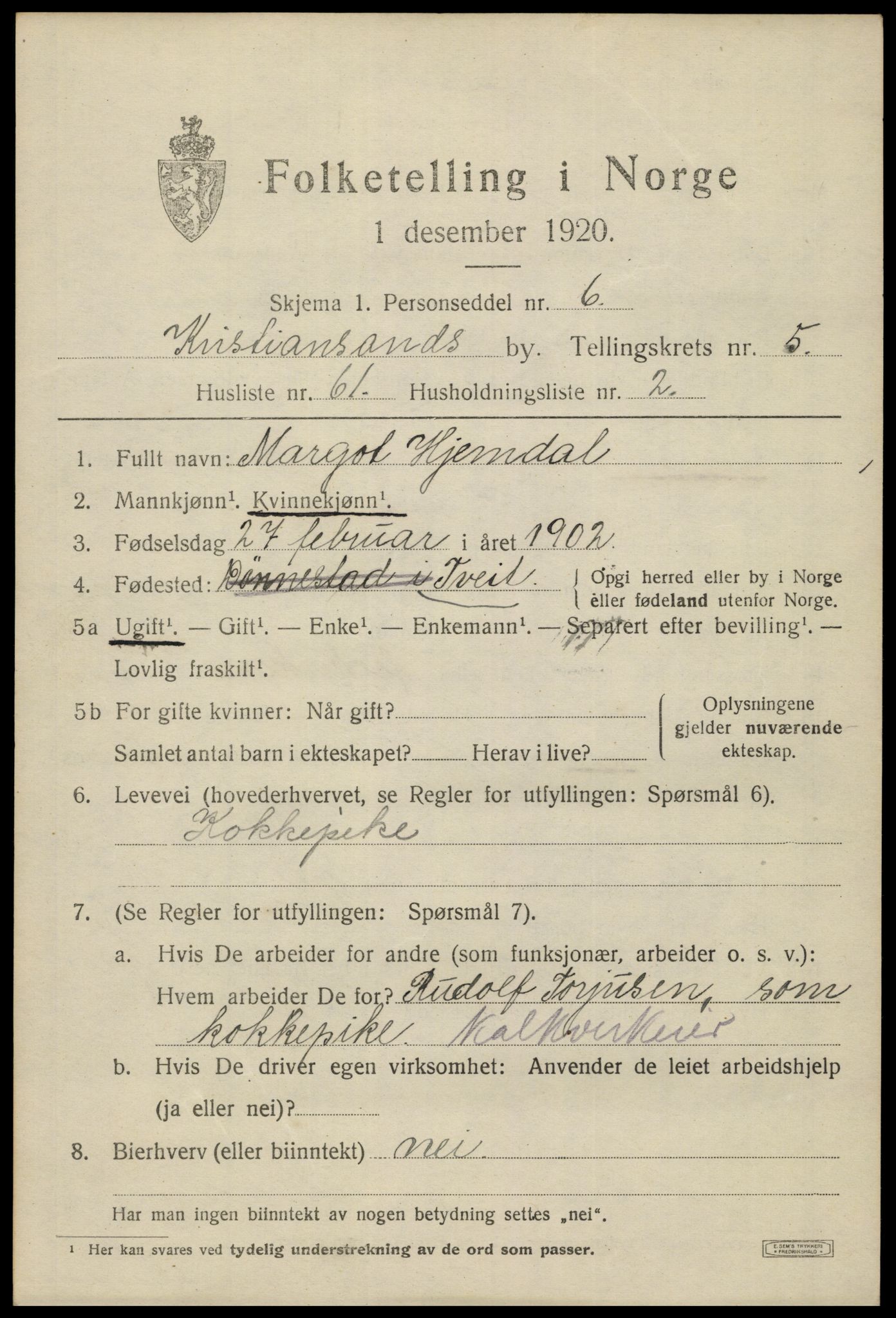 SAK, 1920 census for Kristiansand, 1920, p. 18203