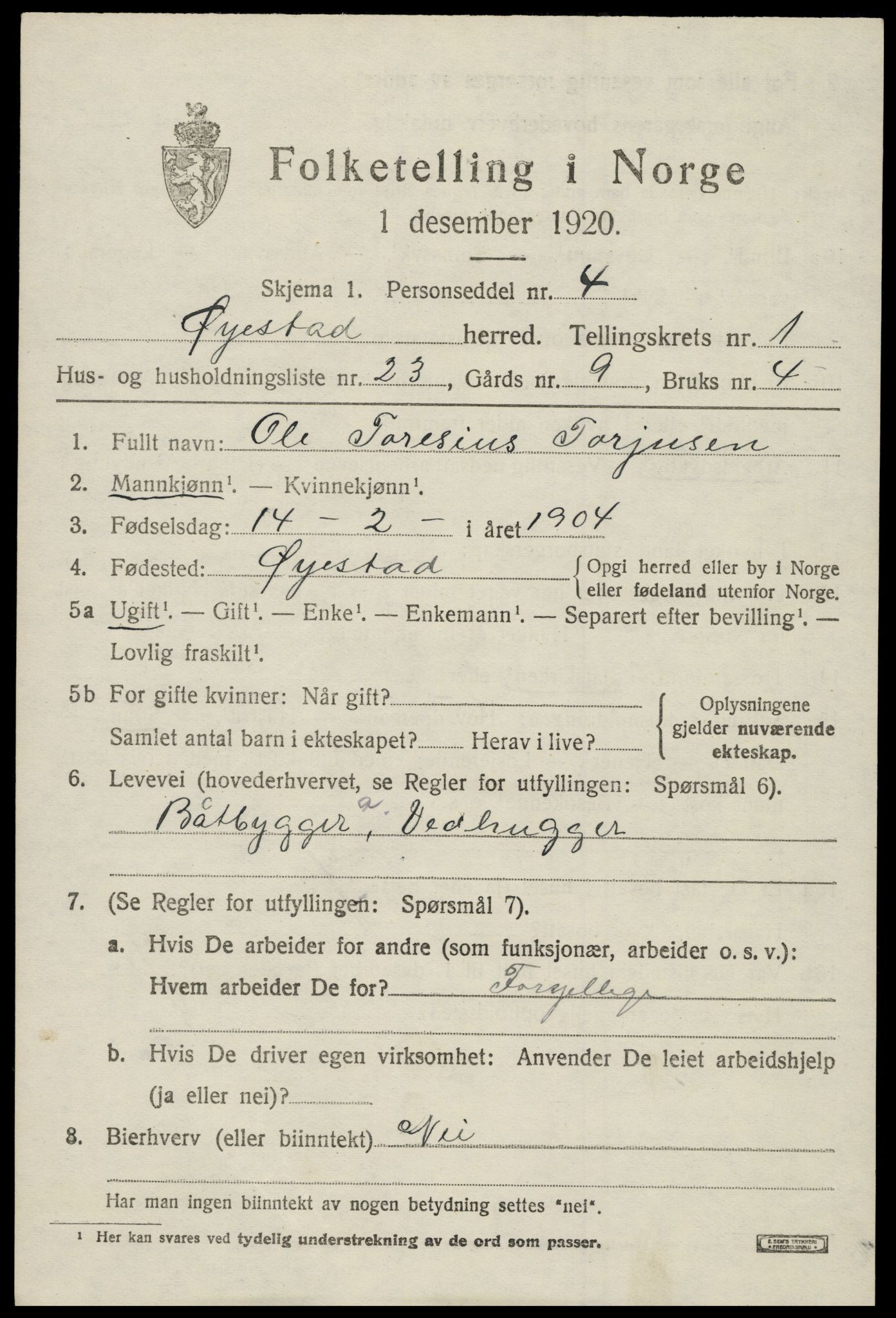 SAK, 1920 census for Øyestad, 1920, p. 2074