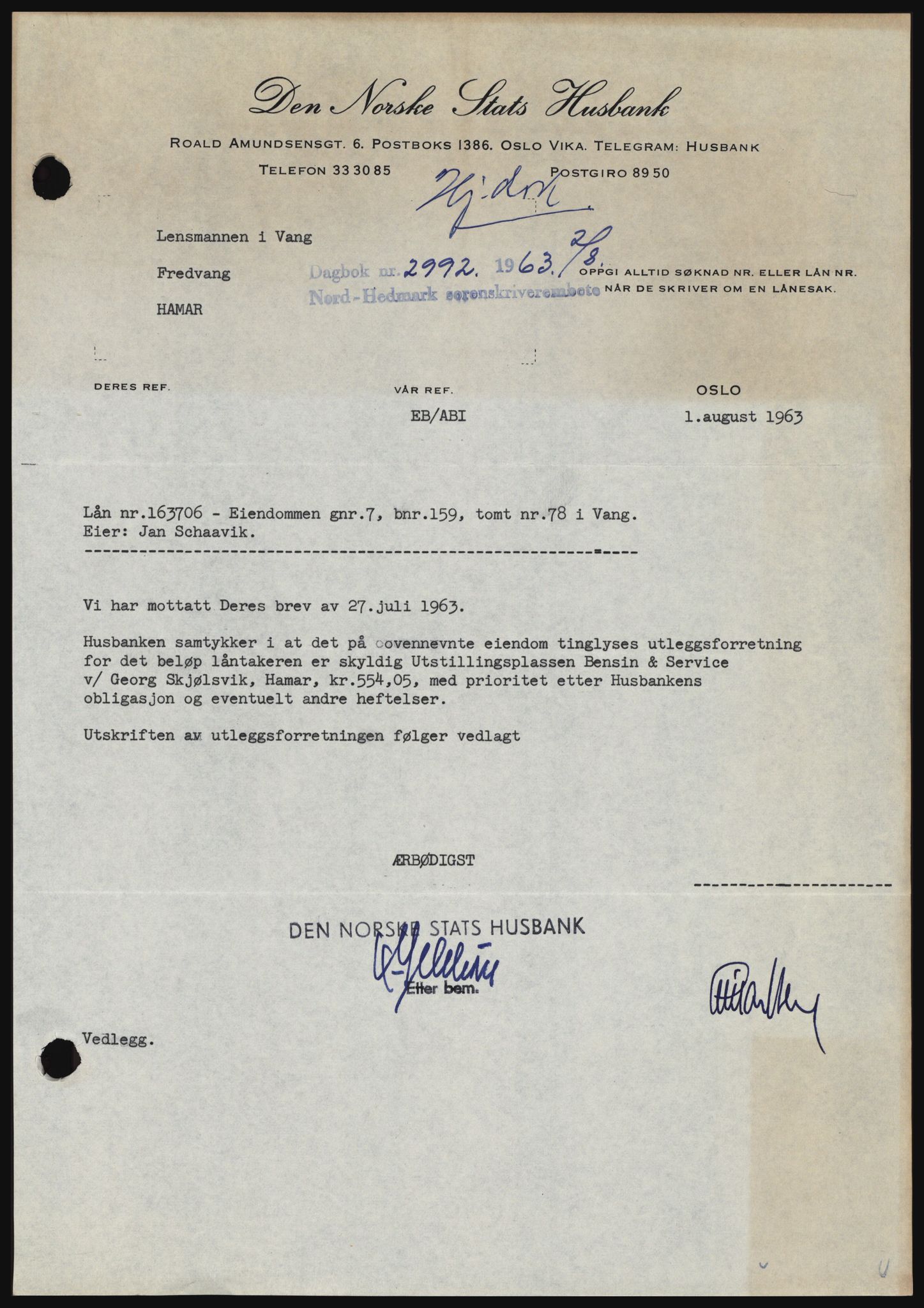 Nord-Hedmark sorenskriveri, SAH/TING-012/H/Hc/L0018: Mortgage book no. 18, 1963-1963, Diary no: : 2992/1963
