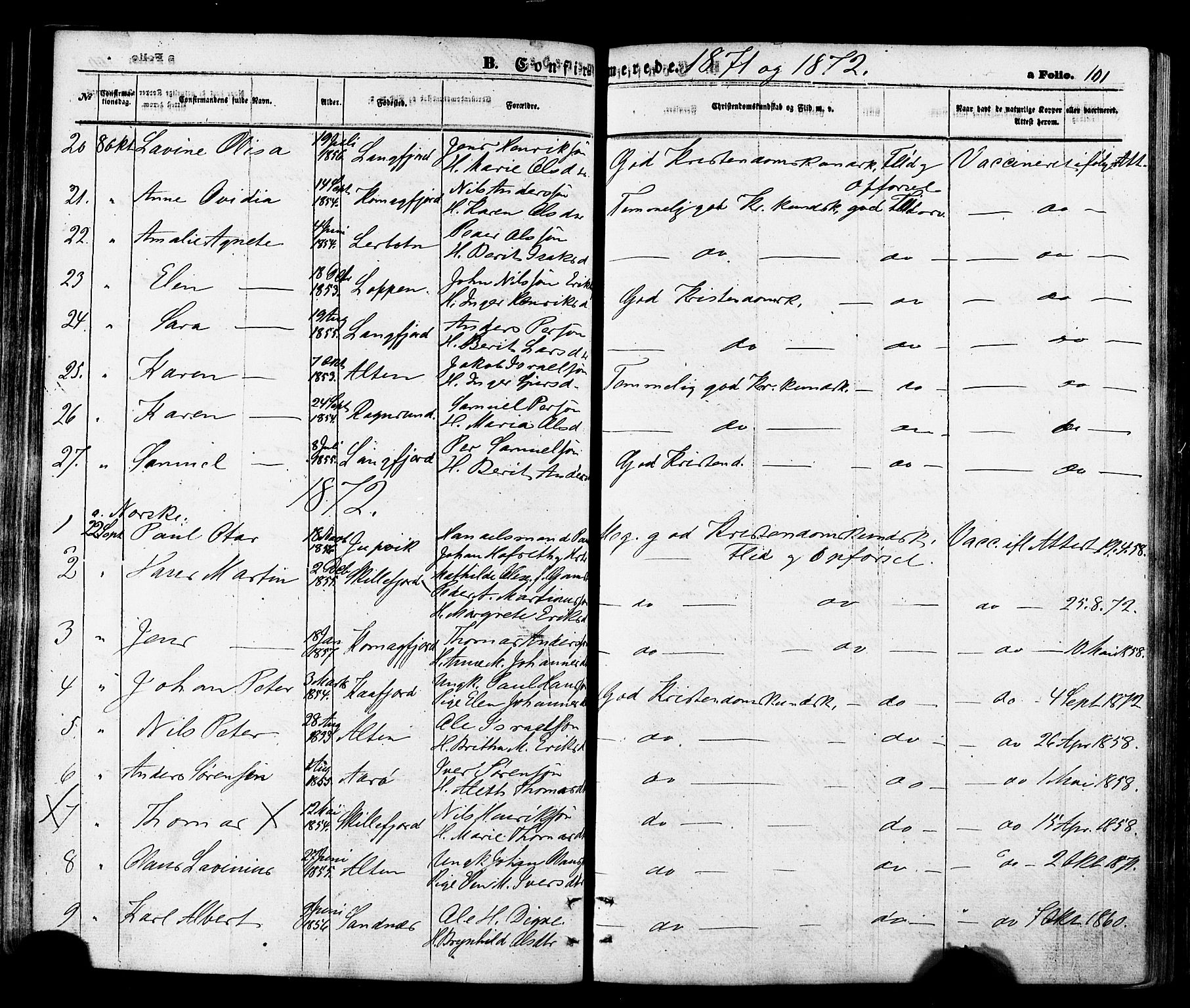 Talvik sokneprestkontor, SATØ/S-1337/H/Ha/L0011kirke: Parish register (official) no. 11, 1864-1877, p. 101