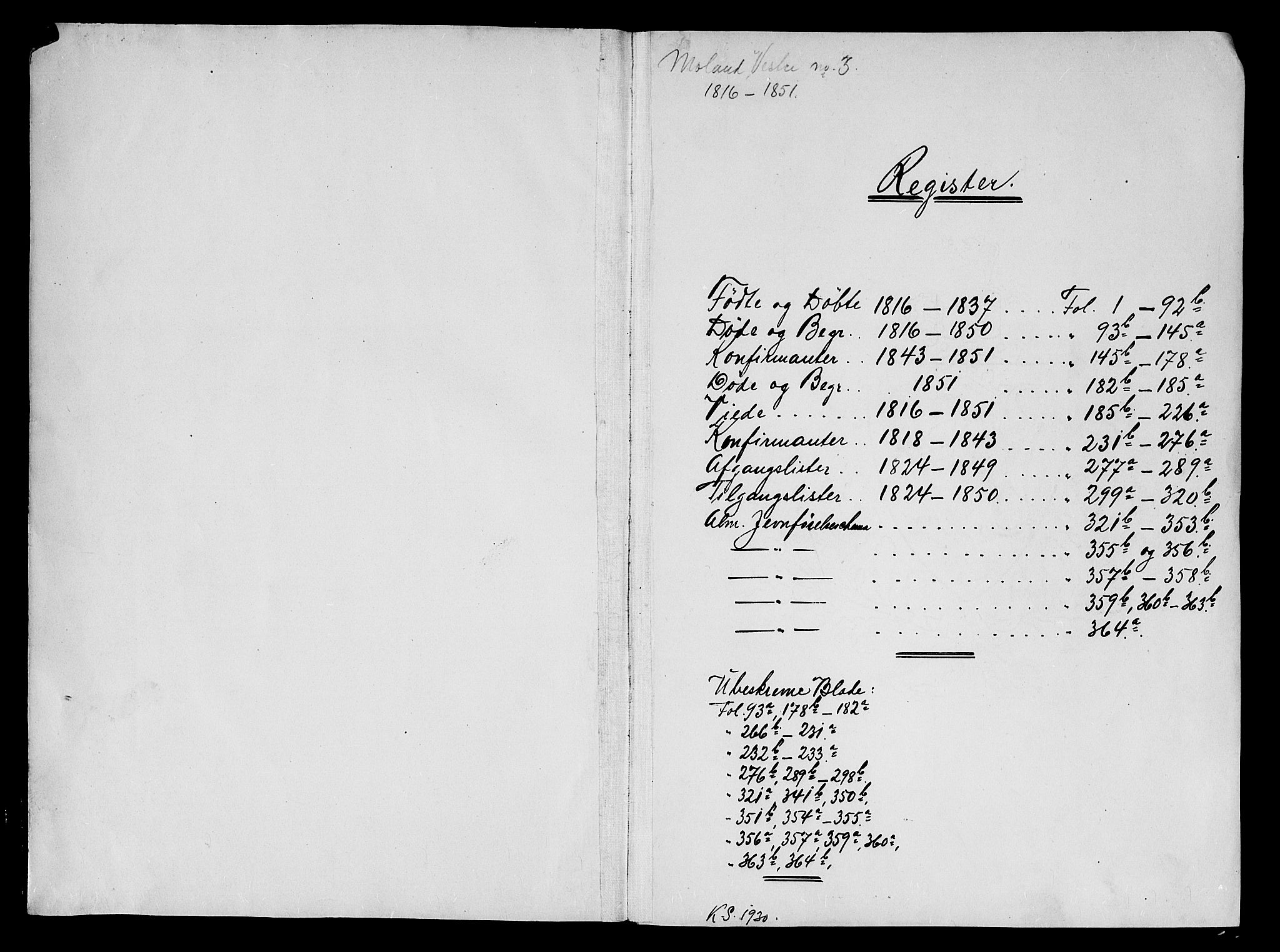 Vestre Moland sokneprestkontor, SAK/1111-0046/F/Fb/Fbb/L0001: Parish register (copy) no. B 1, 1816-1851