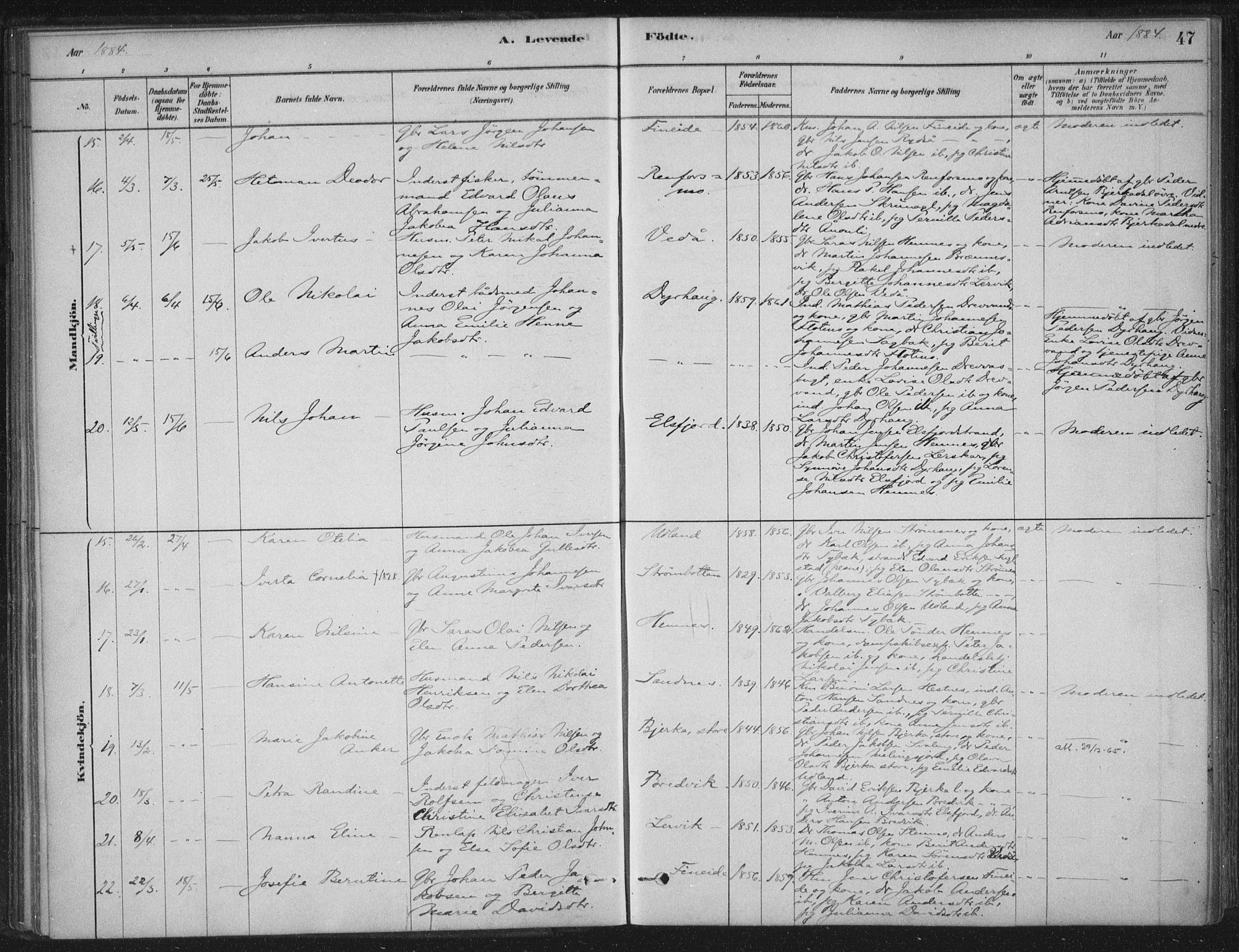 Ministerialprotokoller, klokkerbøker og fødselsregistre - Nordland, AV/SAT-A-1459/825/L0361: Parish register (official) no. 825A15, 1878-1893, p. 47