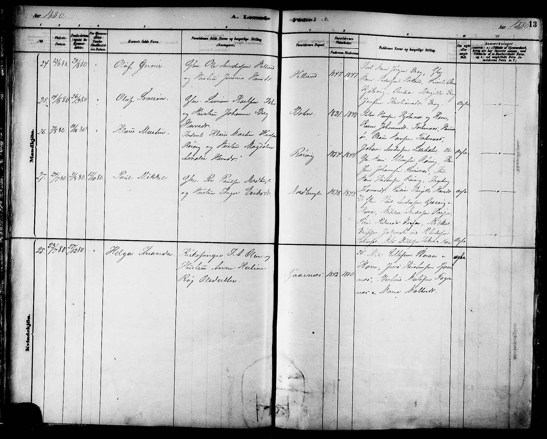 Ministerialprotokoller, klokkerbøker og fødselsregistre - Nordland, AV/SAT-A-1459/861/L0868: Parish register (official) no. 861A03, 1879-1889, p. 13