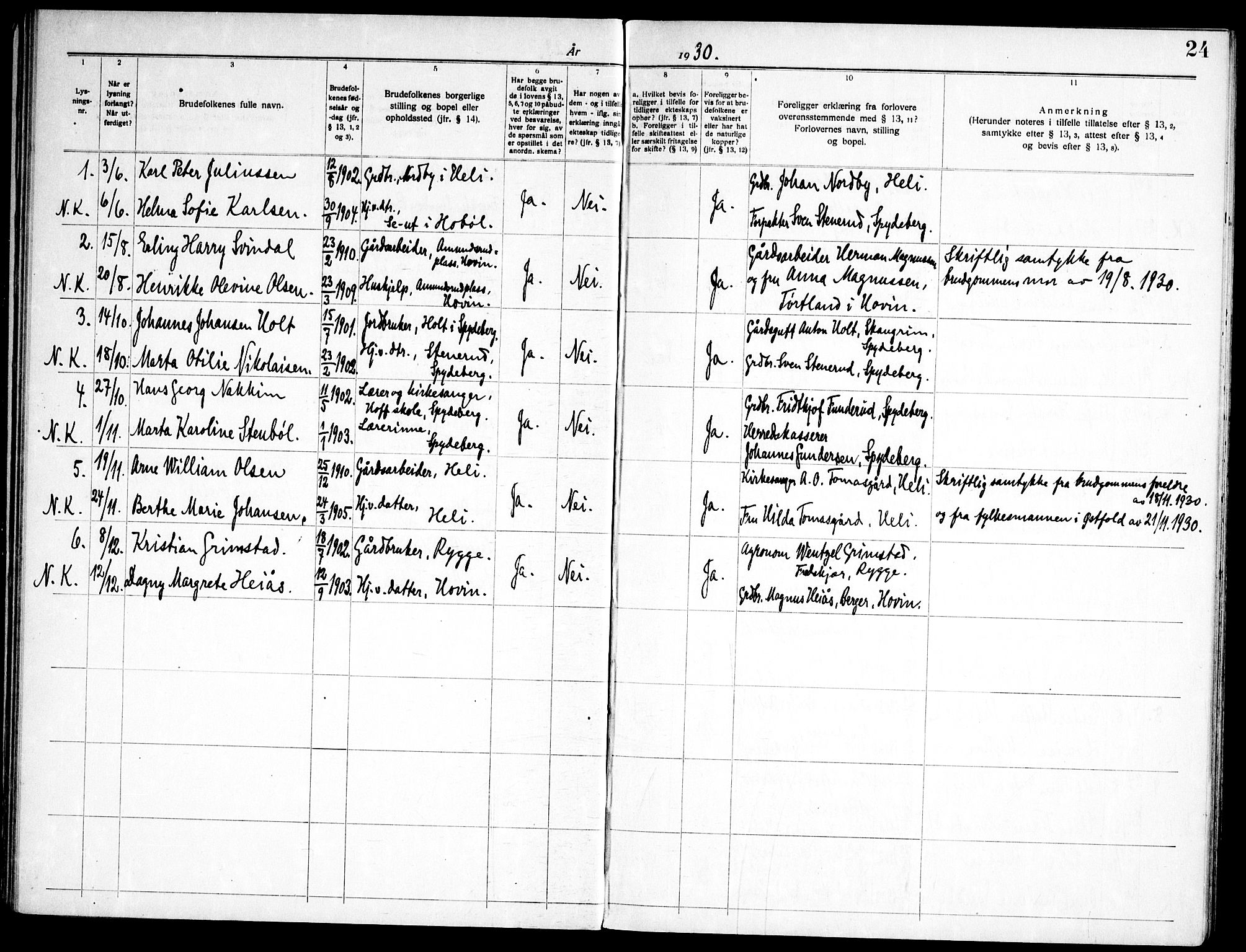 Spydeberg prestekontor Kirkebøker, SAO/A-10924/H/Ha/L0001: Banns register no. 1, 1919-1966, p. 24