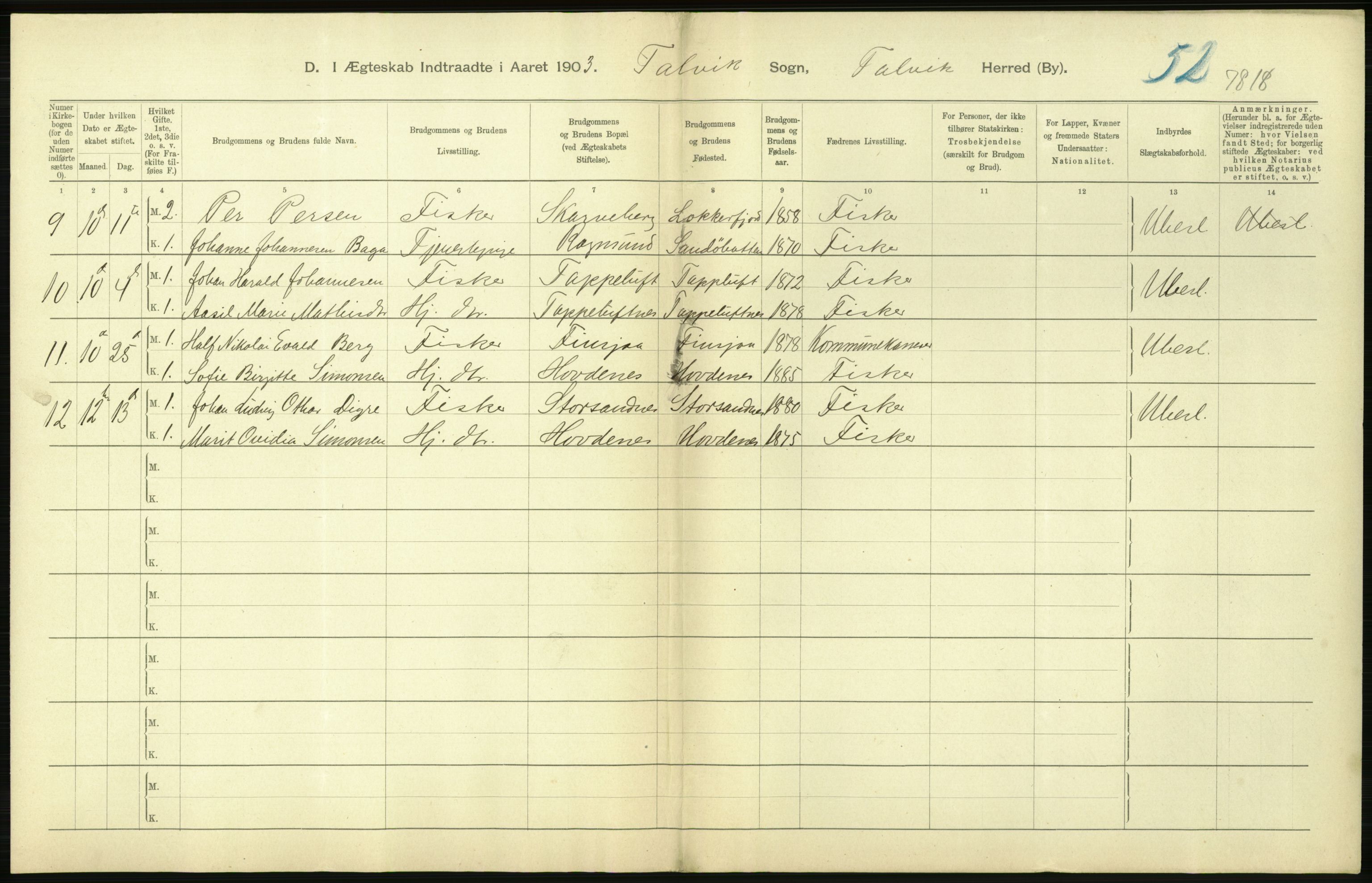 Statistisk sentralbyrå, Sosiodemografiske emner, Befolkning, AV/RA-S-2228/D/Df/Dfa/Dfaa/L0022: Finnmarkens amt: Fødte, gifte, døde., 1903, p. 162