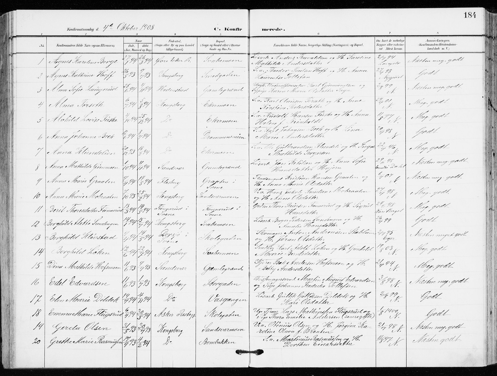 Kongsberg kirkebøker, AV/SAKO-A-22/F/Fb/L0004: Parish register (official) no. II 4, 1906-1918, p. 184