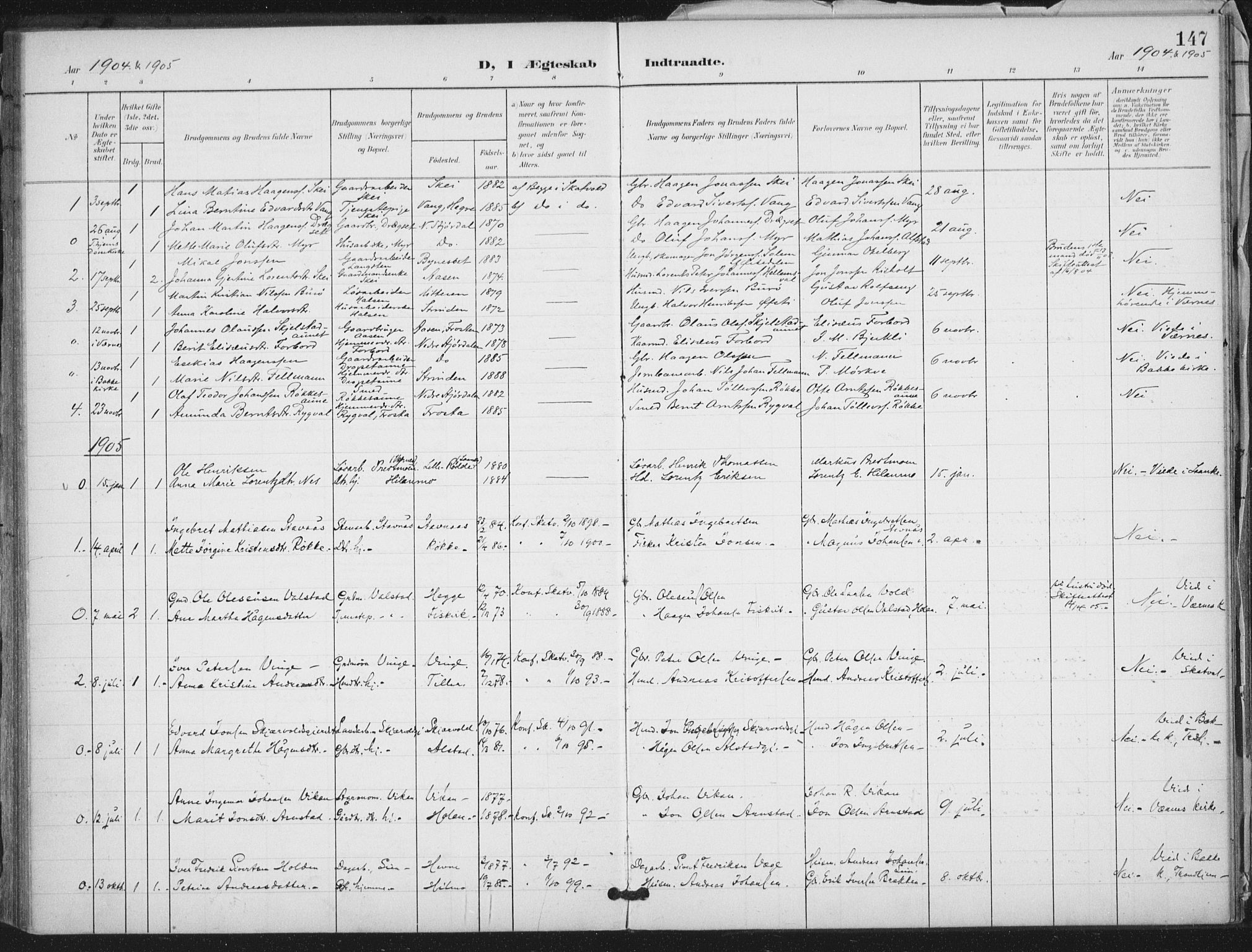 Ministerialprotokoller, klokkerbøker og fødselsregistre - Nord-Trøndelag, SAT/A-1458/712/L0101: Parish register (official) no. 712A02, 1901-1916, p. 147