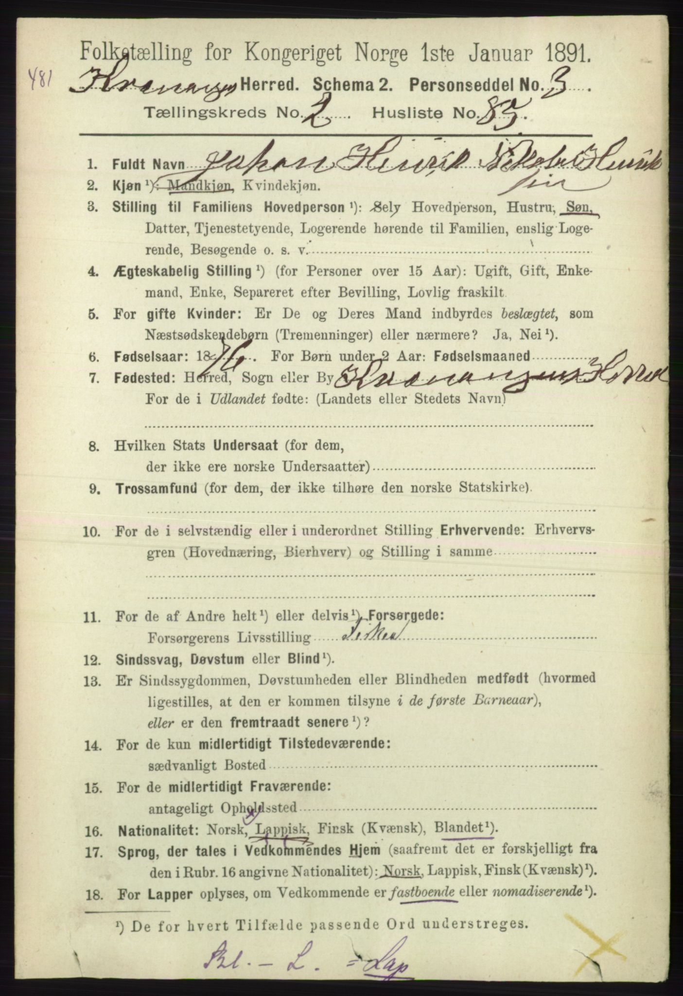 RA, 1891 census for 1943 Kvænangen, 1891, p. 1002