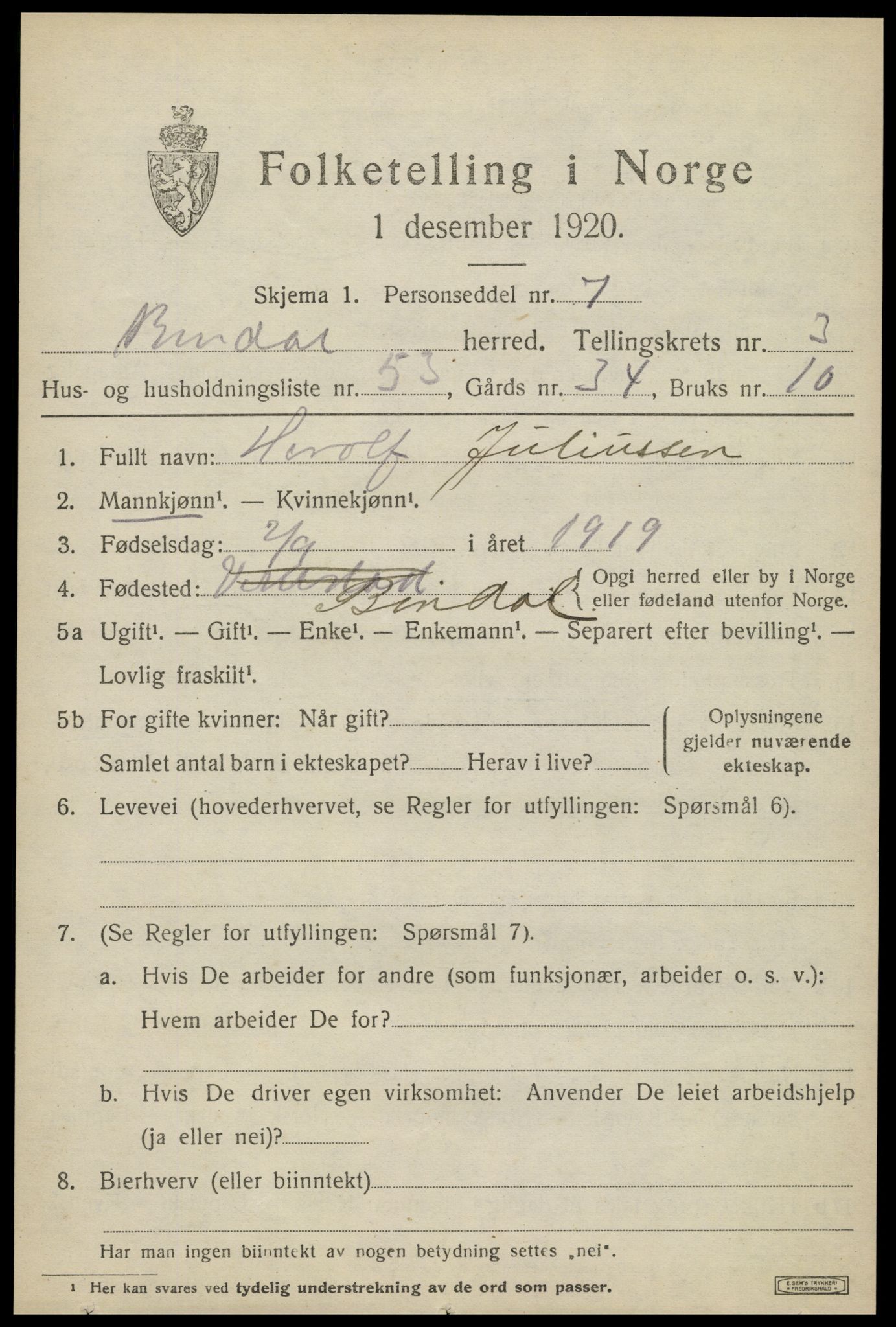 SAT, 1920 census for Bindal, 1920, p. 3301