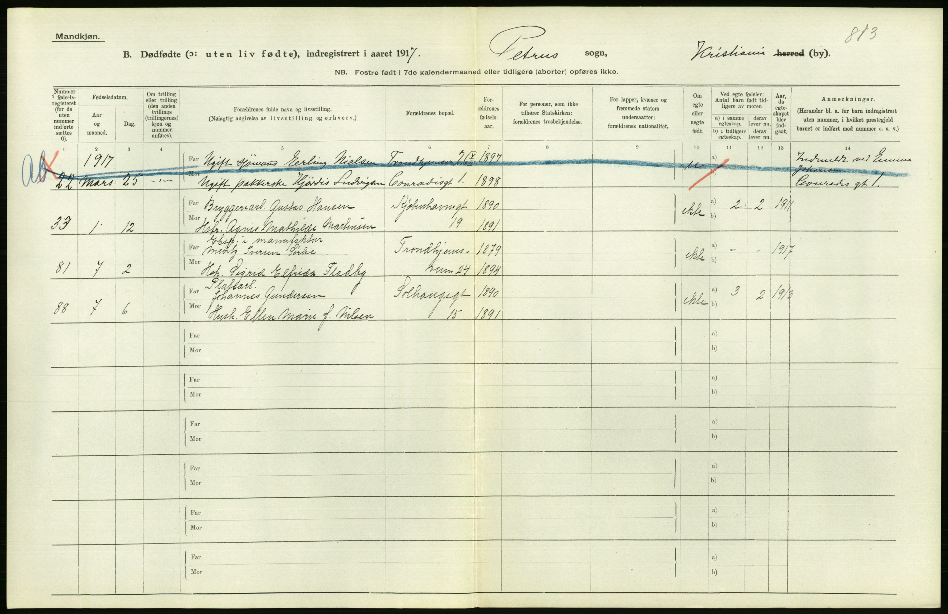 Statistisk sentralbyrå, Sosiodemografiske emner, Befolkning, RA/S-2228/D/Df/Dfb/Dfbg/L0011: Kristiania: Døde, dødfødte., 1917, p. 536