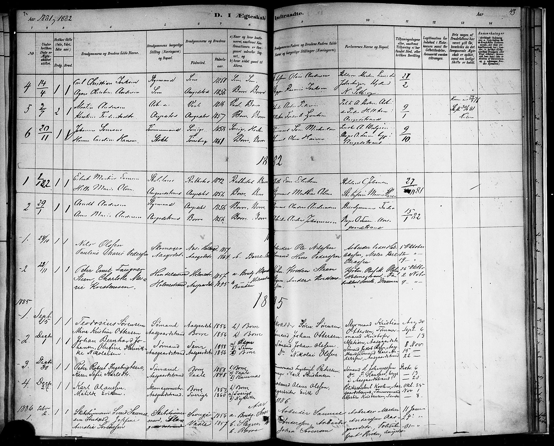 Borre kirkebøker, AV/SAKO-A-338/F/Fb/L0001: Parish register (official) no. II 1, 1878-1892, p. 43