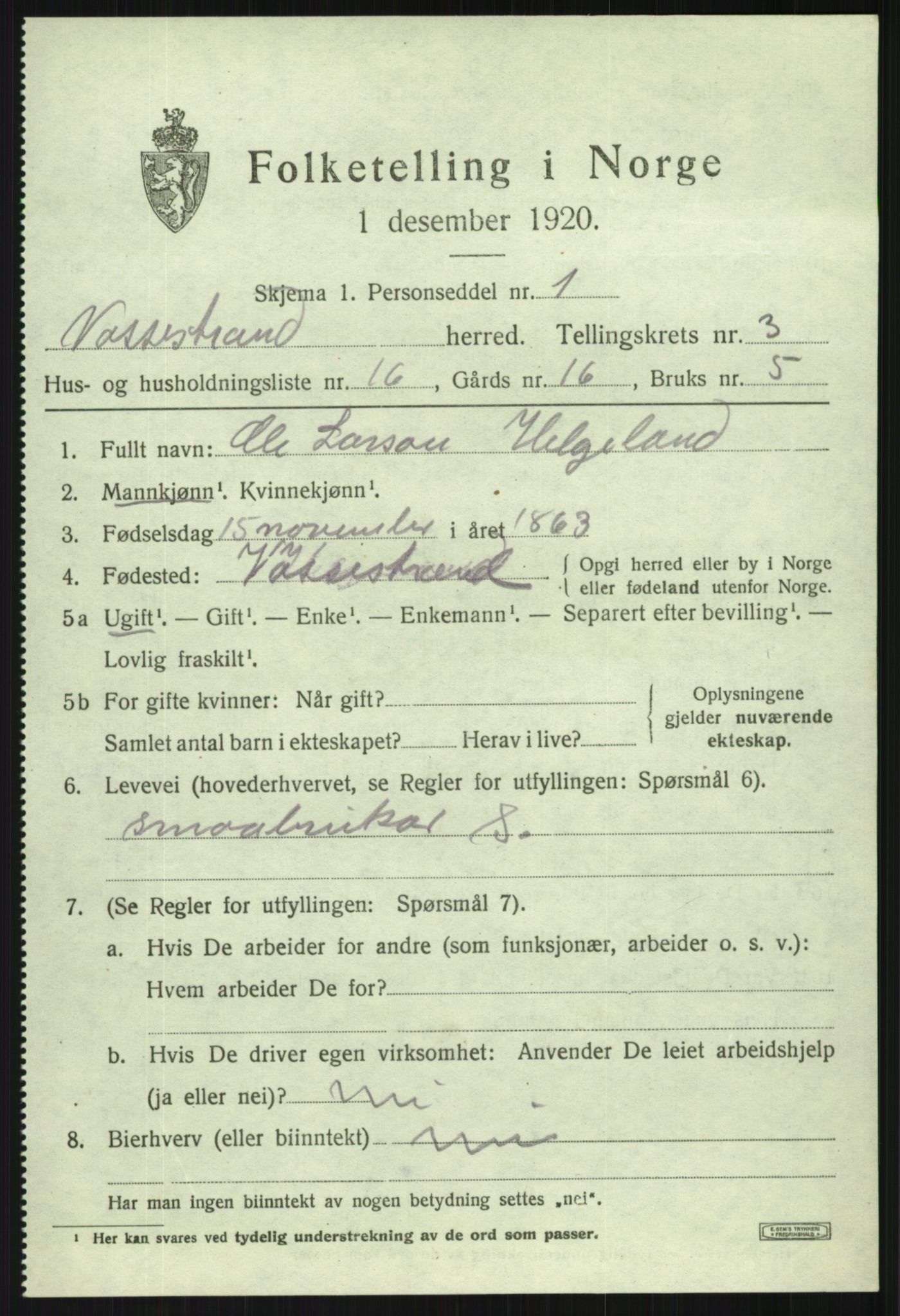 SAB, 1920 census for Vossestrand, 1920, p. 1598