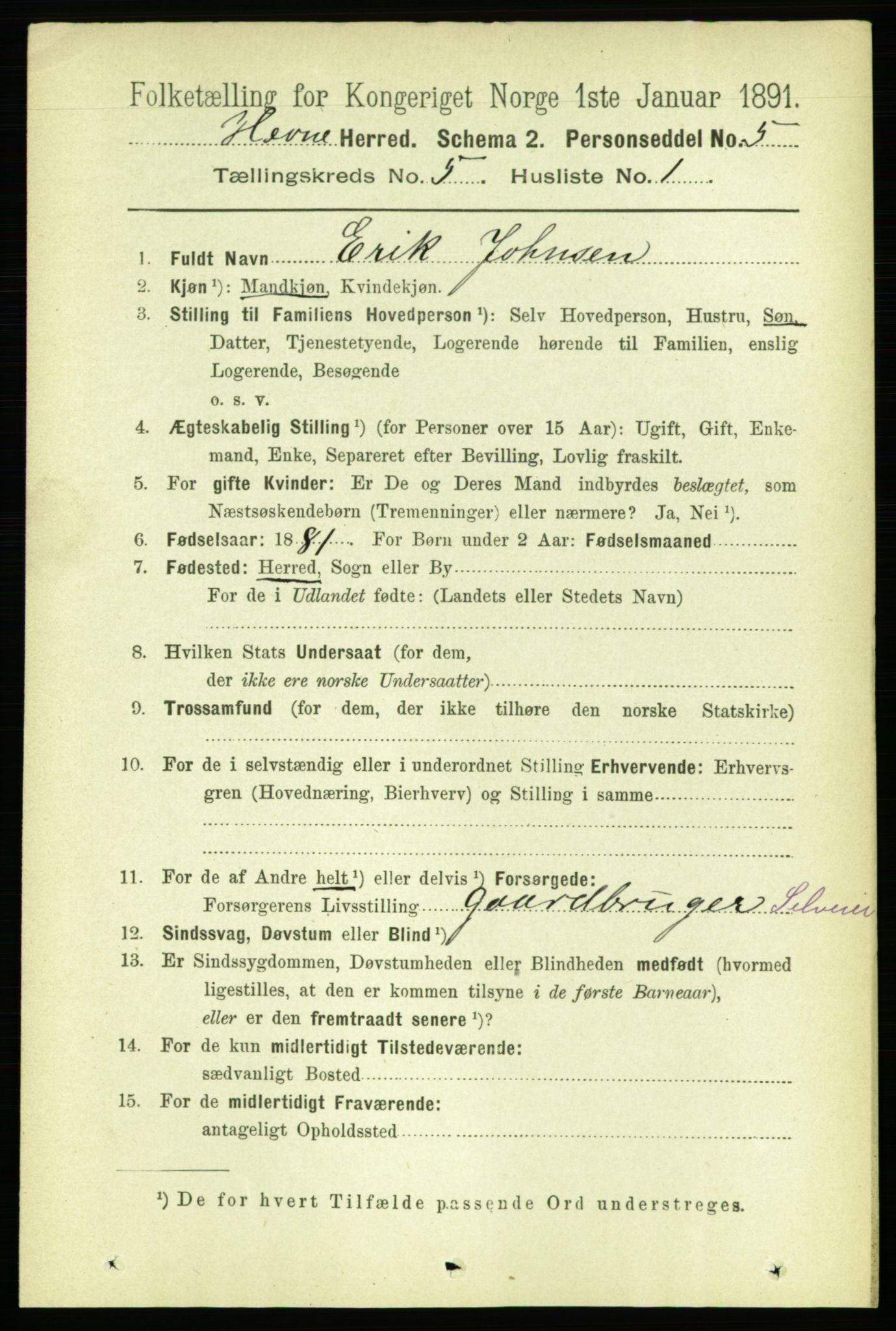 RA, 1891 census for 1612 Hemne, 1891, p. 2484