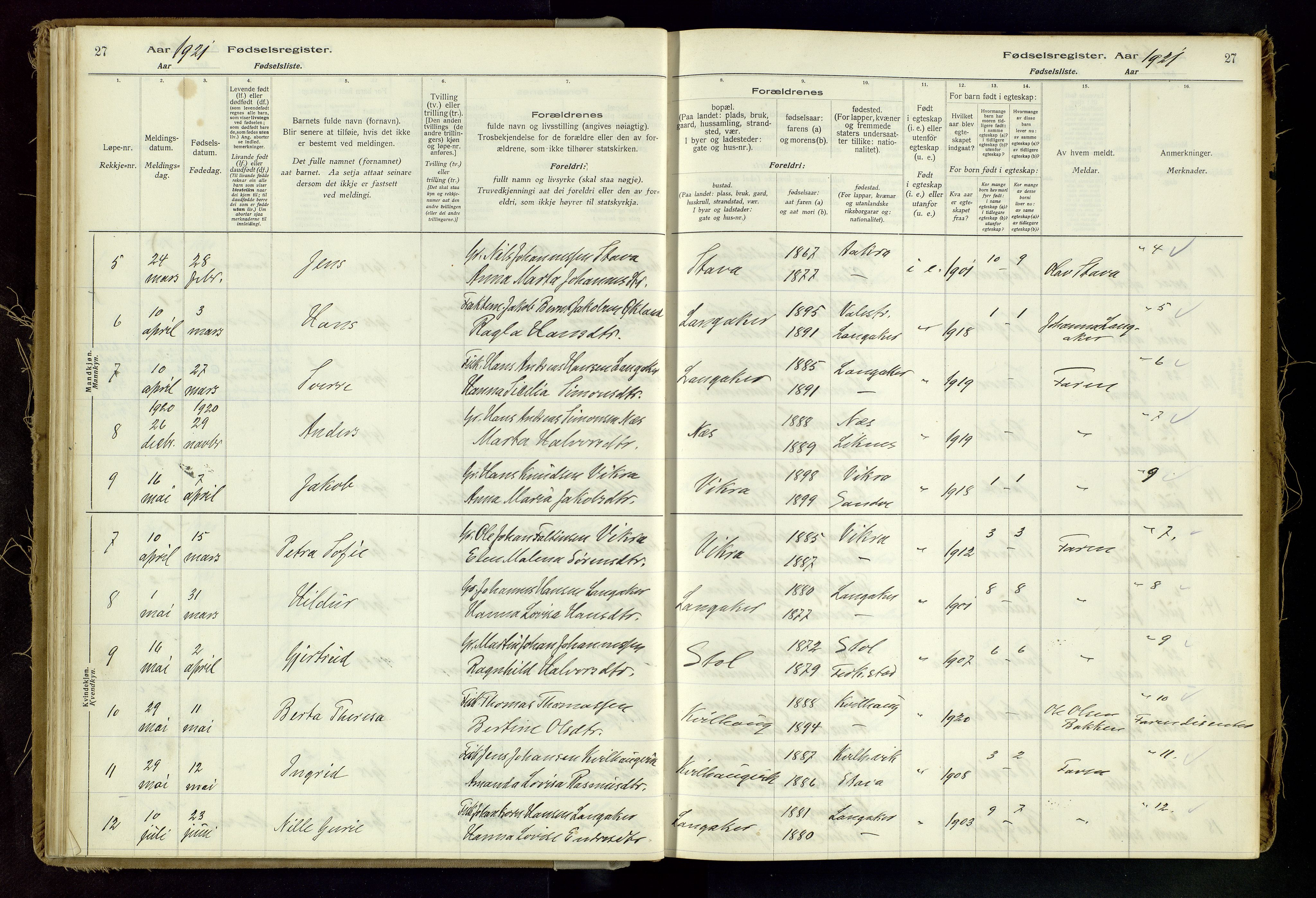 Skudenes sokneprestkontor, SAST/A -101849/I/Id/L0002: Birth register no. 2, 1916-1962, p. 27
