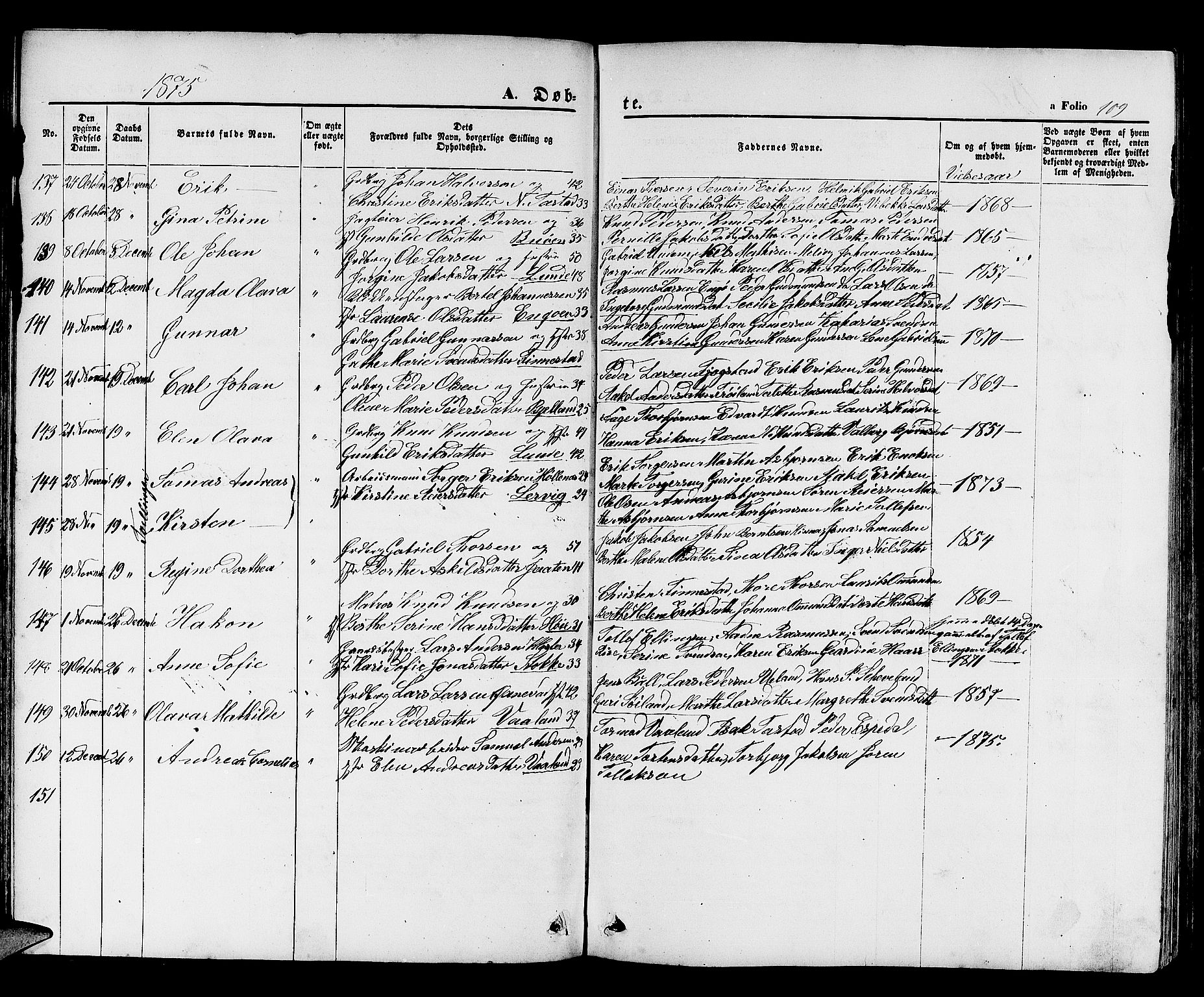 Hetland sokneprestkontor, SAST/A-101826/30/30BB/L0003: Parish register (copy) no. B 3, 1863-1877, p. 109
