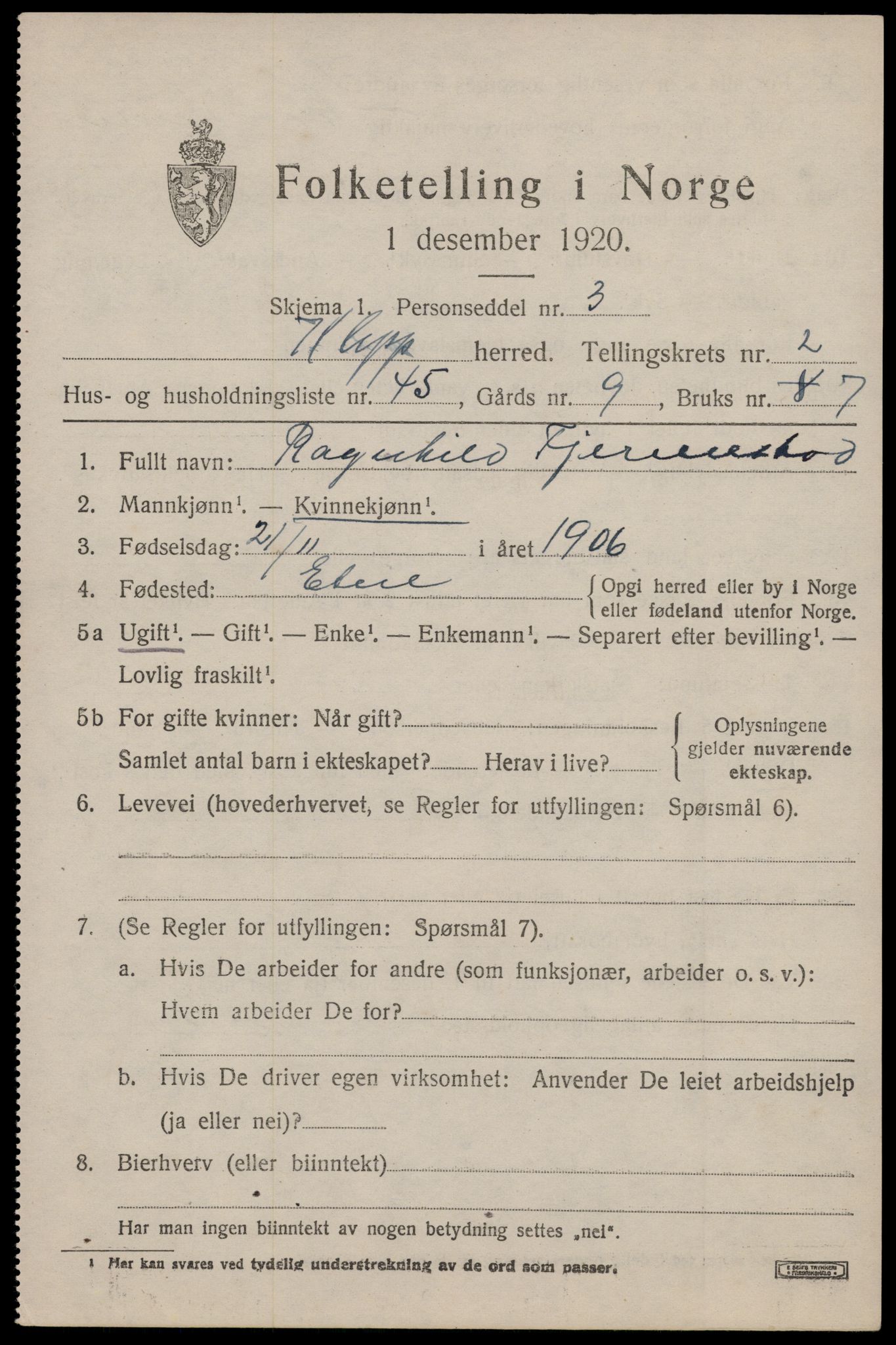 SAST, 1920 census for Klepp, 1920, p. 3178