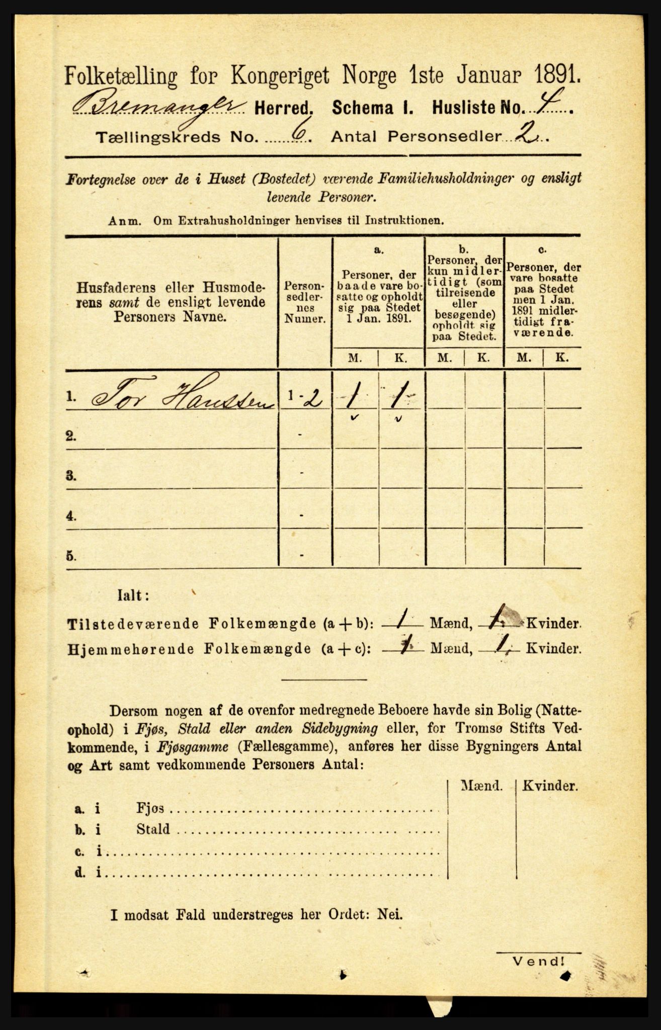 RA, 1891 census for 1438 Bremanger, 1891, p. 2330