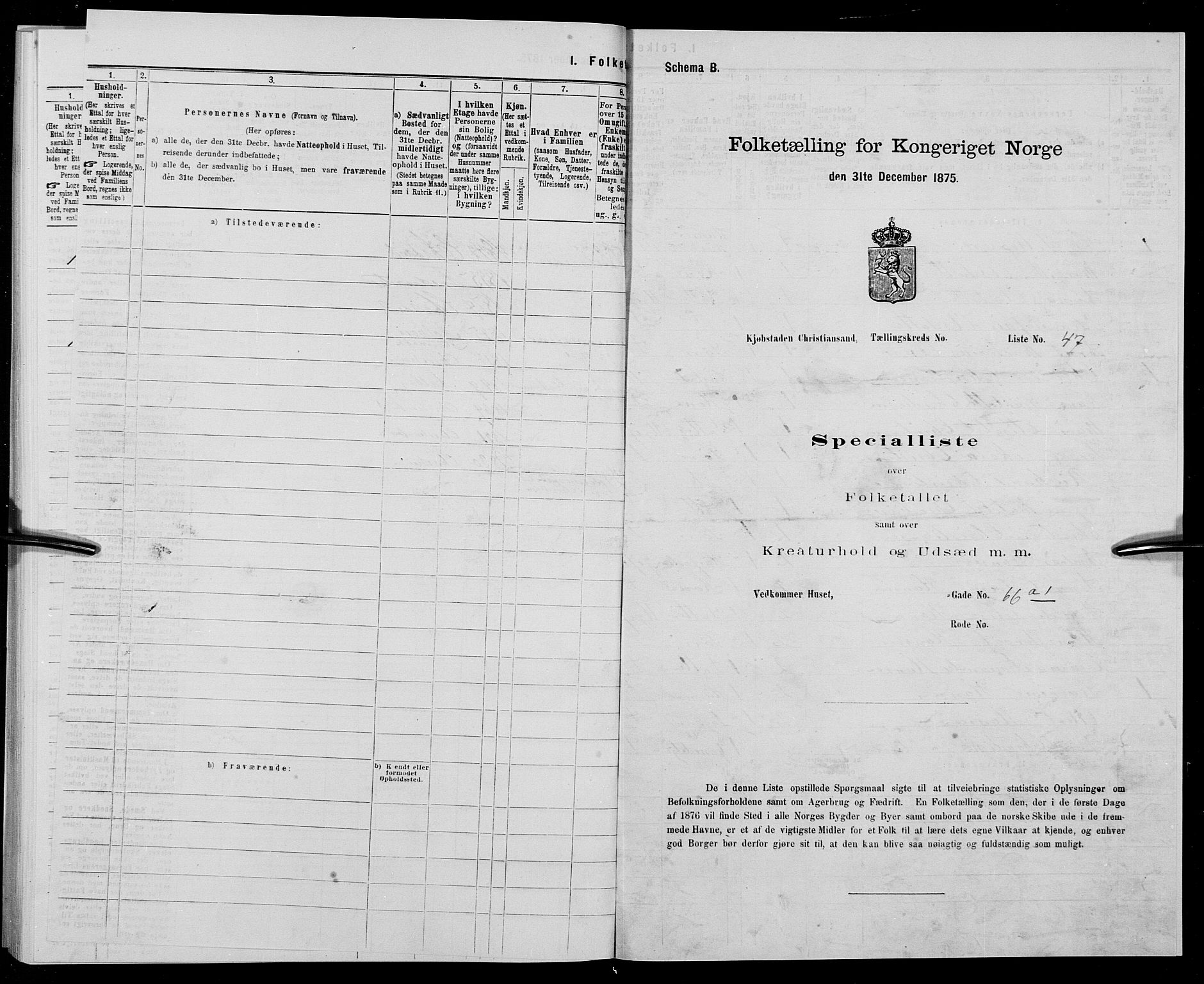 SAK, 1875 census for 1001P Kristiansand, 1875, p. 275