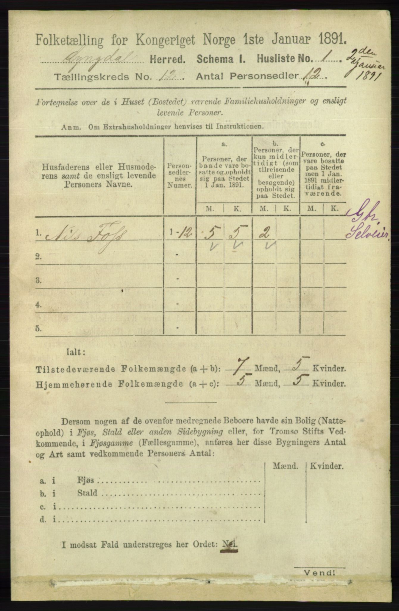 RA, 1891 census for 1032 Lyngdal, 1891, p. 5187
