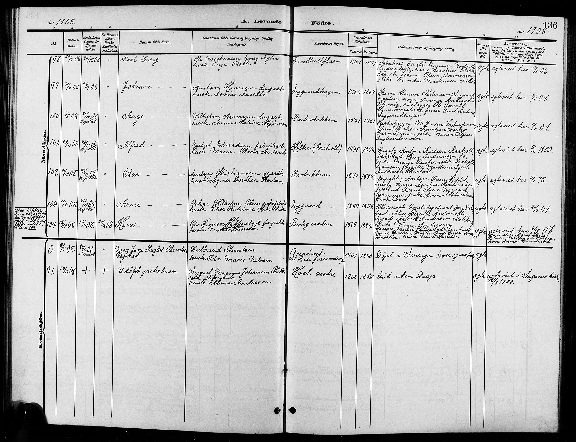 Eidsvoll prestekontor Kirkebøker, SAO/A-10888/G/Ga/L0007: Parish register (copy) no. I 7, 1901-1909, p. 136
