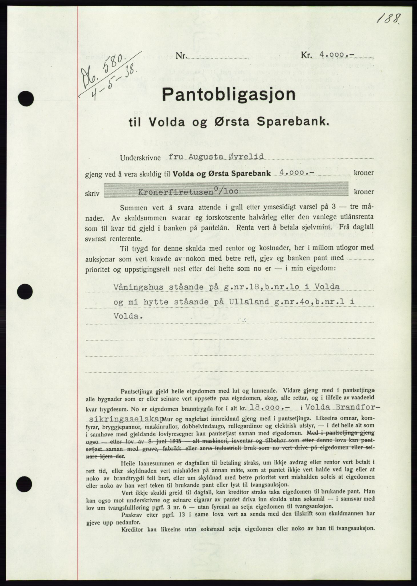 Søre Sunnmøre sorenskriveri, AV/SAT-A-4122/1/2/2C/L0065: Mortgage book no. 59, 1938-1938, Diary no: : 580/1938