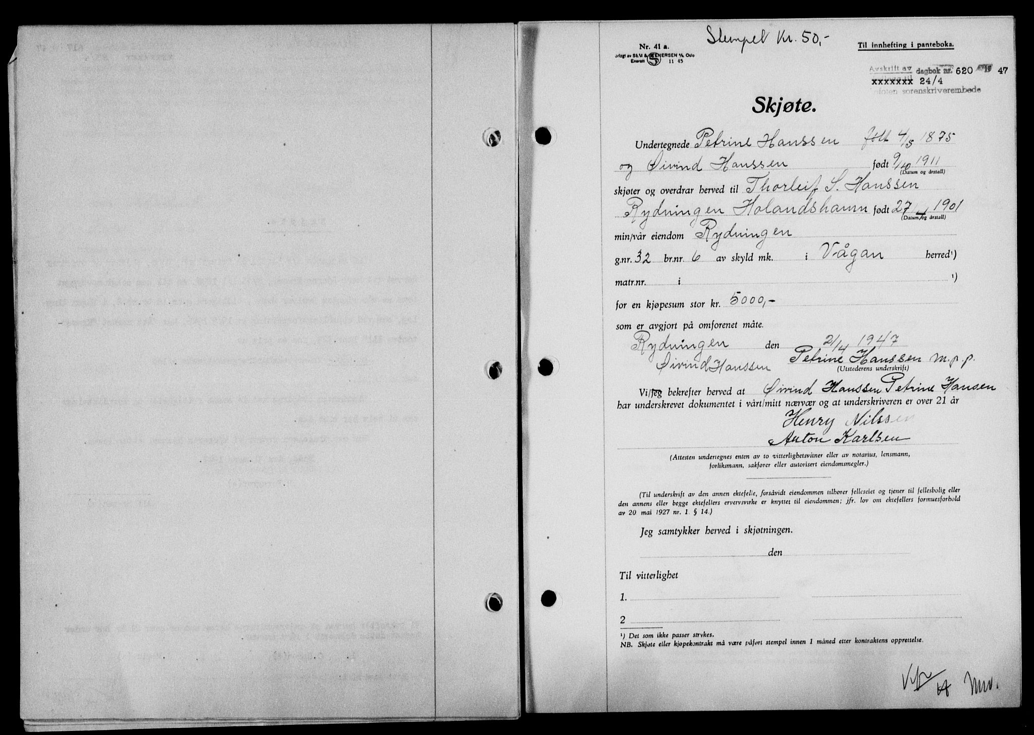 Lofoten sorenskriveri, SAT/A-0017/1/2/2C/L0015a: Mortgage book no. 15a, 1946-1947, Diary no: : 620/1947