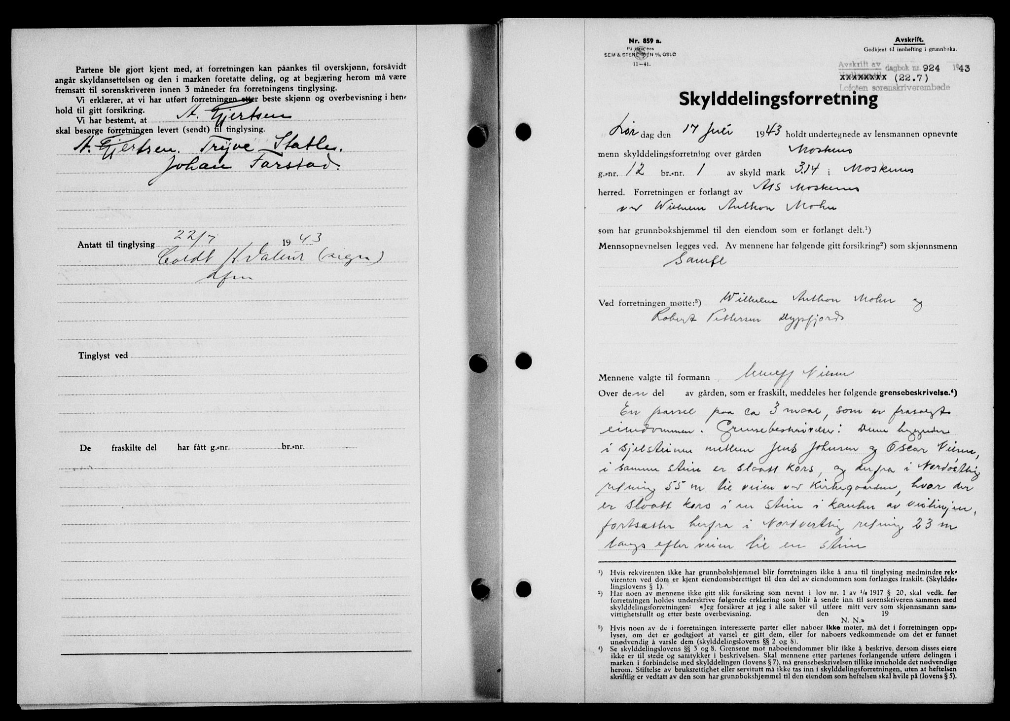 Lofoten sorenskriveri, SAT/A-0017/1/2/2C/L0011a: Mortgage book no. 11a, 1943-1943, Diary no: : 924/1943