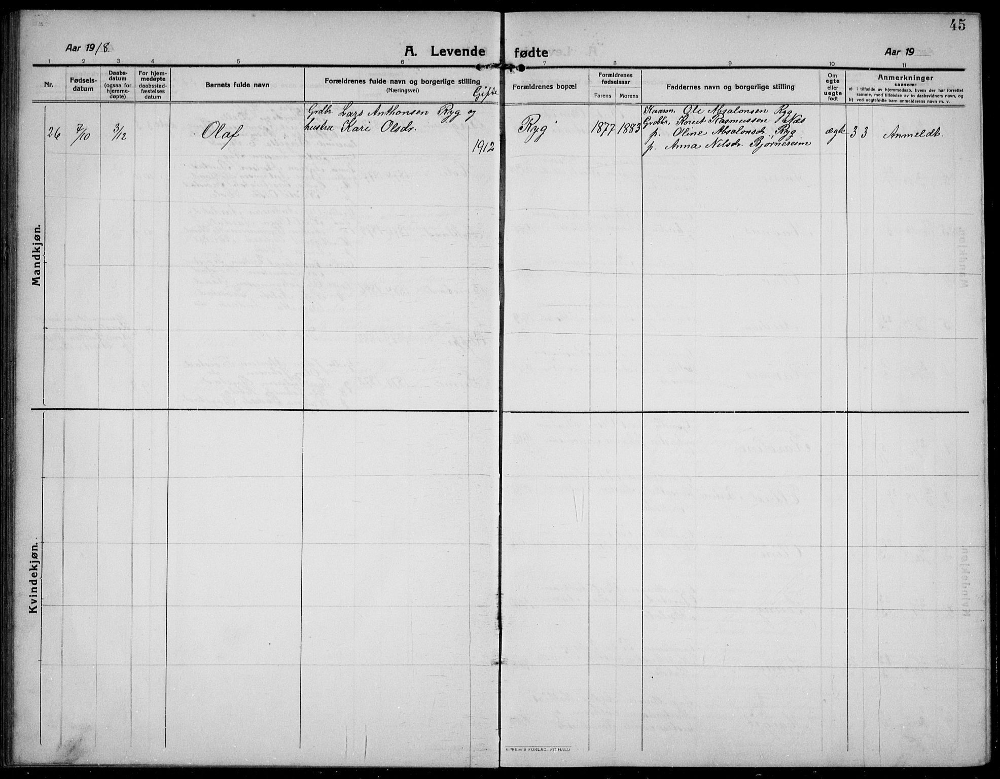 Gloppen sokneprestembete, SAB/A-80101/H/Hab/Habc/L0003: Parish register (copy) no. C 3, 1911-1938, p. 45