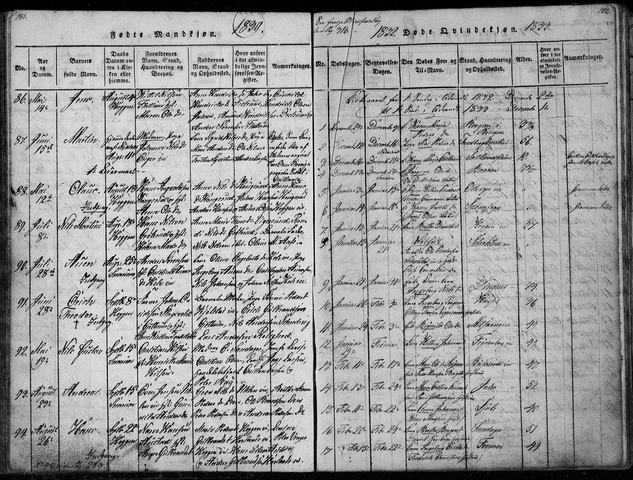 Modum kirkebøker, SAKO/A-234/G/Ga/L0003: Parish register (copy) no. I 3, 1832-1842, p. 181-182