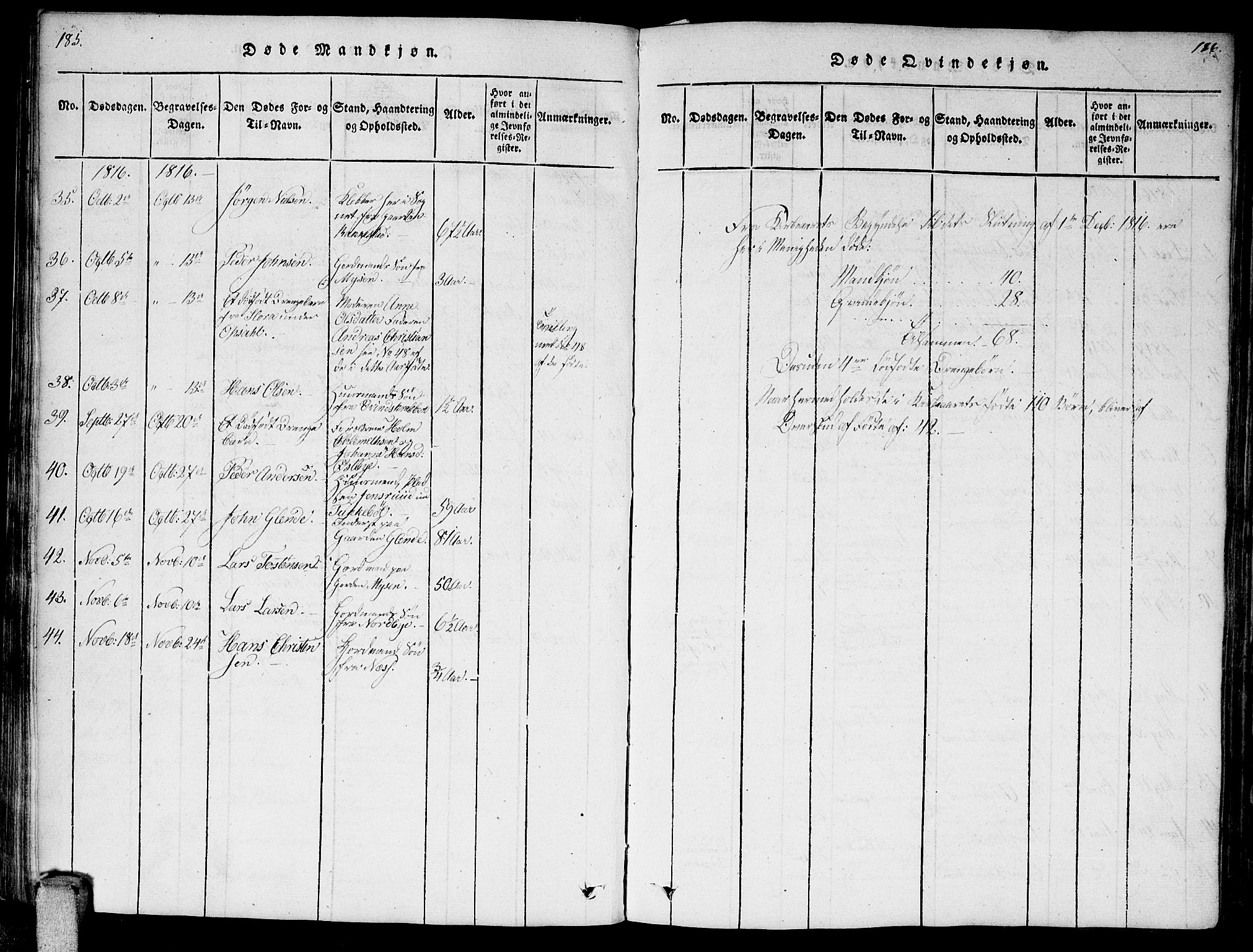 Enebakk prestekontor Kirkebøker, AV/SAO-A-10171c/F/Fa/L0006: Parish register (official) no. I 6, 1815-1832, p. 185-186