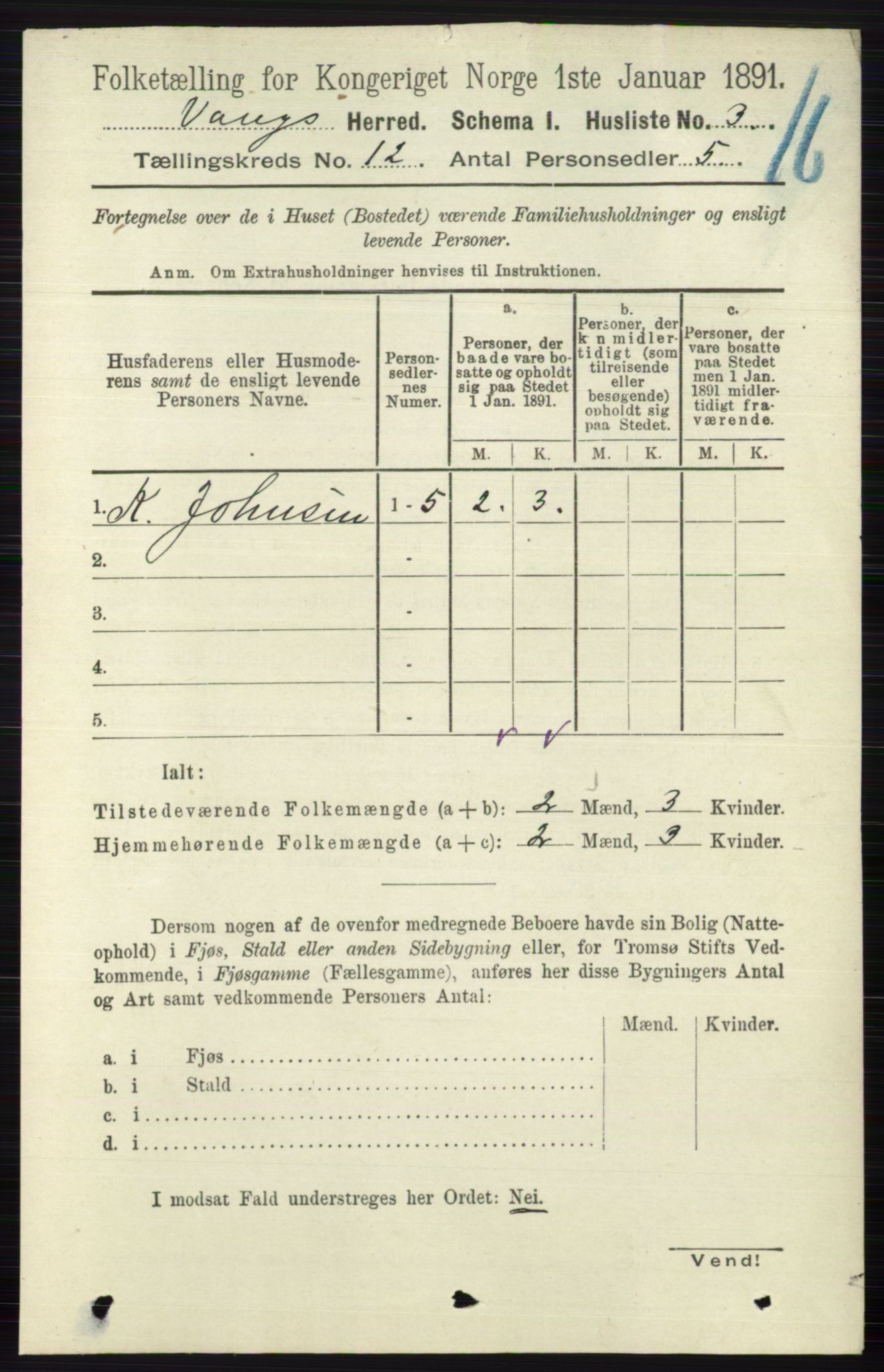 RA, 1891 census for 0545 Vang, 1891, p. 2615