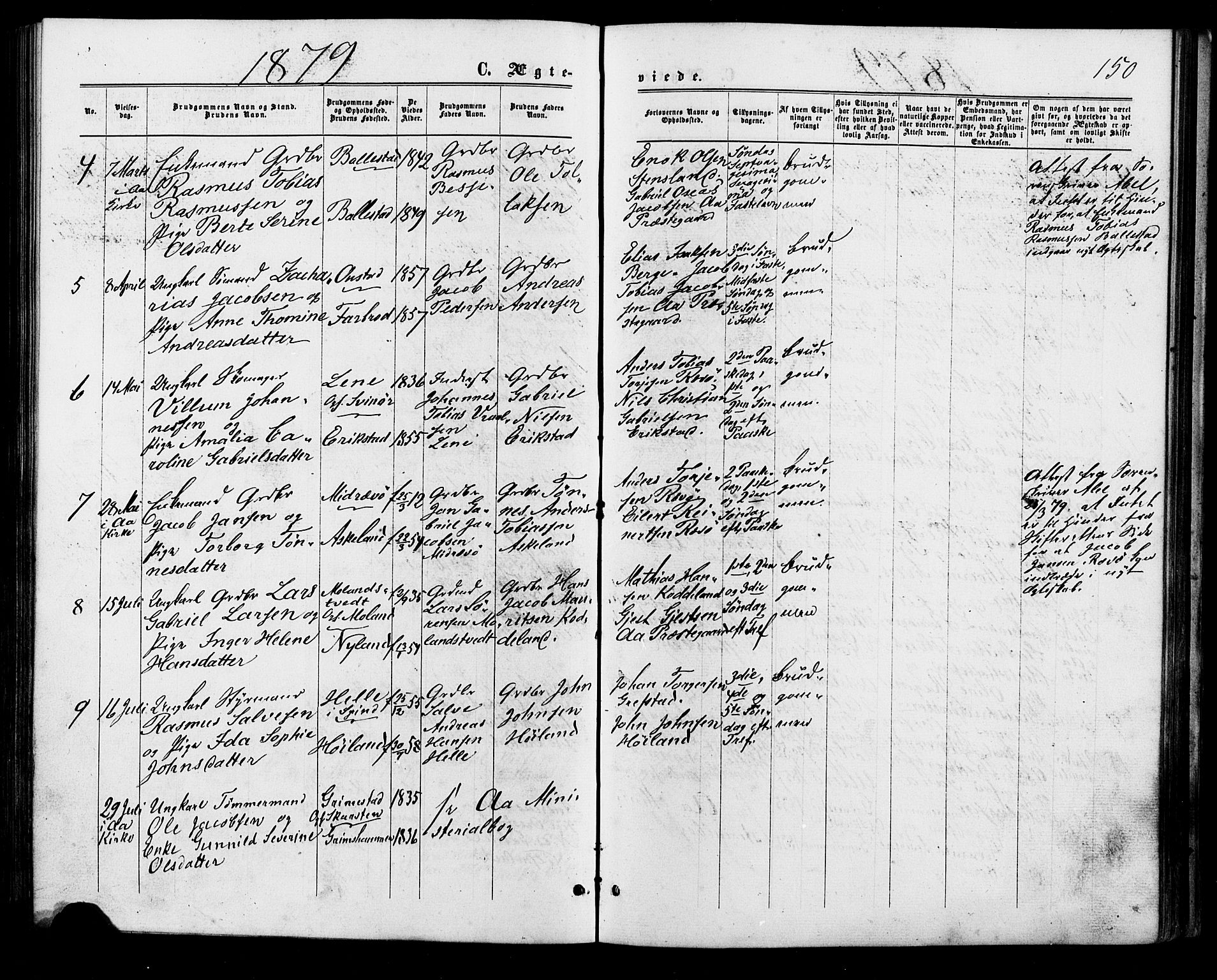 Lyngdal sokneprestkontor, AV/SAK-1111-0029/F/Fa/Faa/L0003: Parish register (official) no. A 3, 1871-1882, p. 150