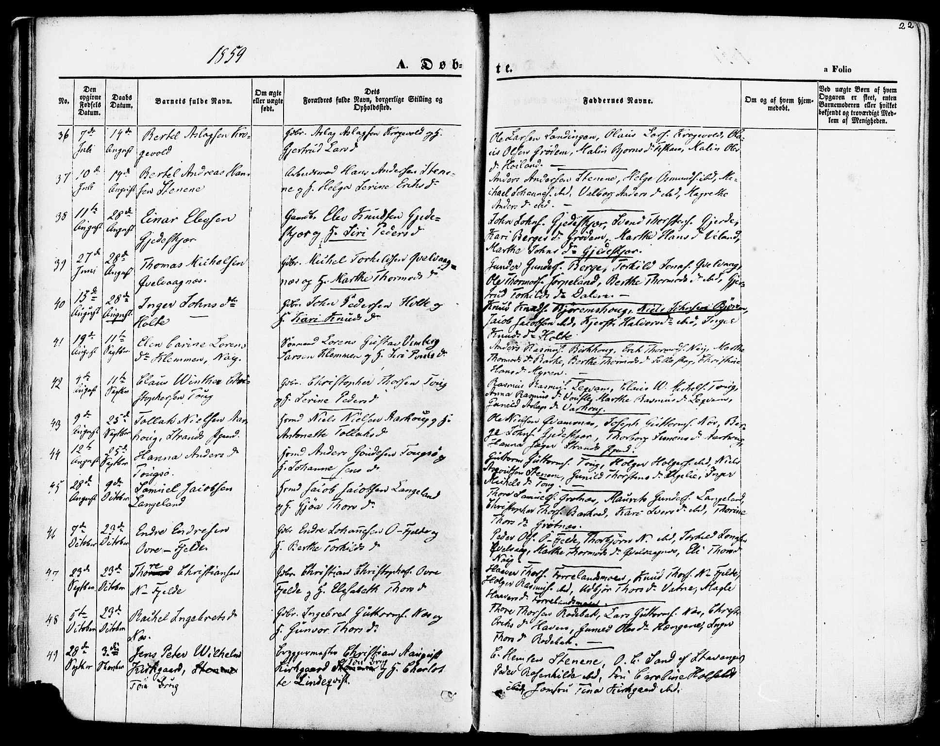 Strand sokneprestkontor, AV/SAST-A-101828/H/Ha/Haa/L0007: Parish register (official) no. A 7, 1855-1881, p. 22