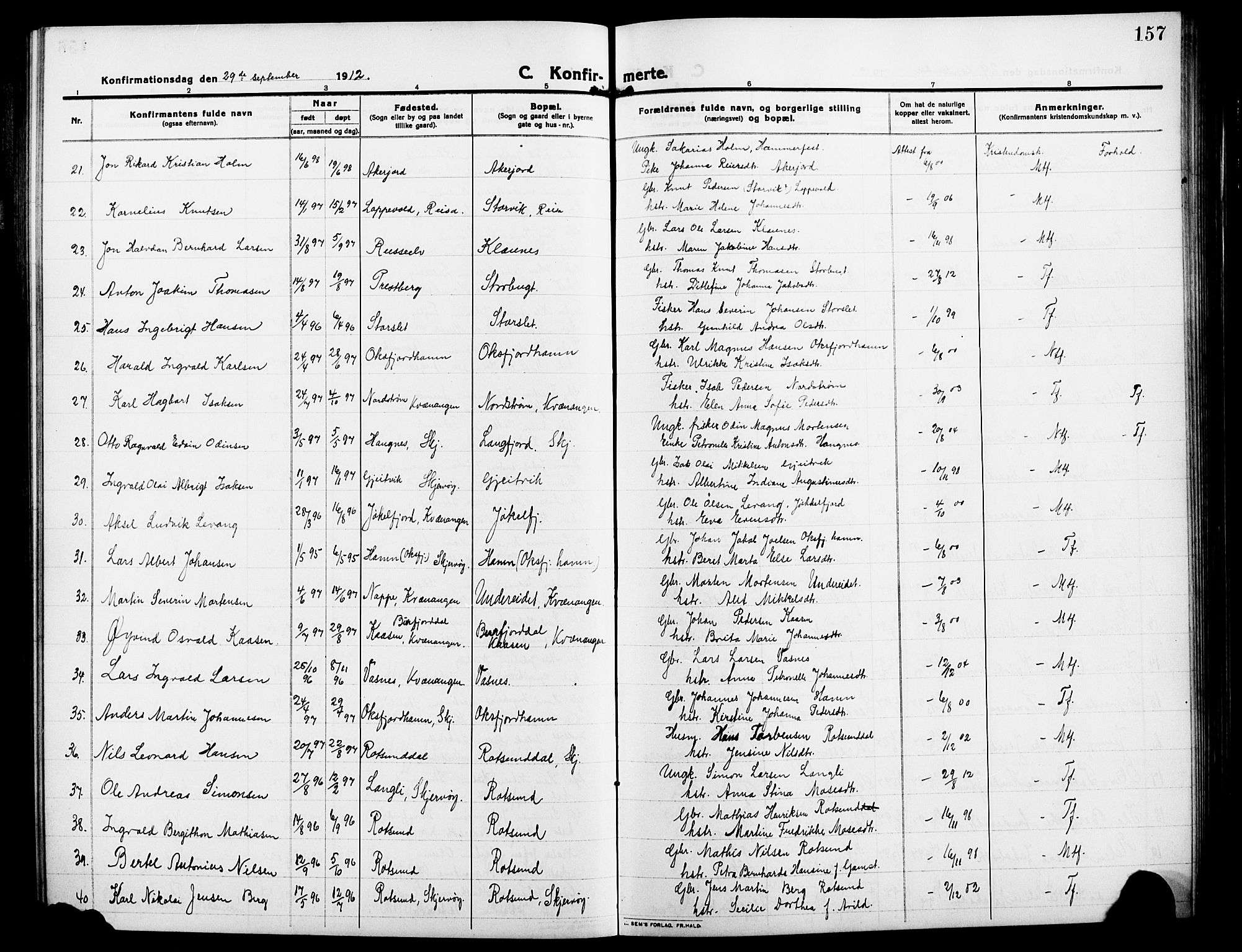 Skjervøy sokneprestkontor, AV/SATØ-S-1300/H/Ha/Hab/L0009klokker: Parish register (copy) no. 9, 1911-1926, p. 157