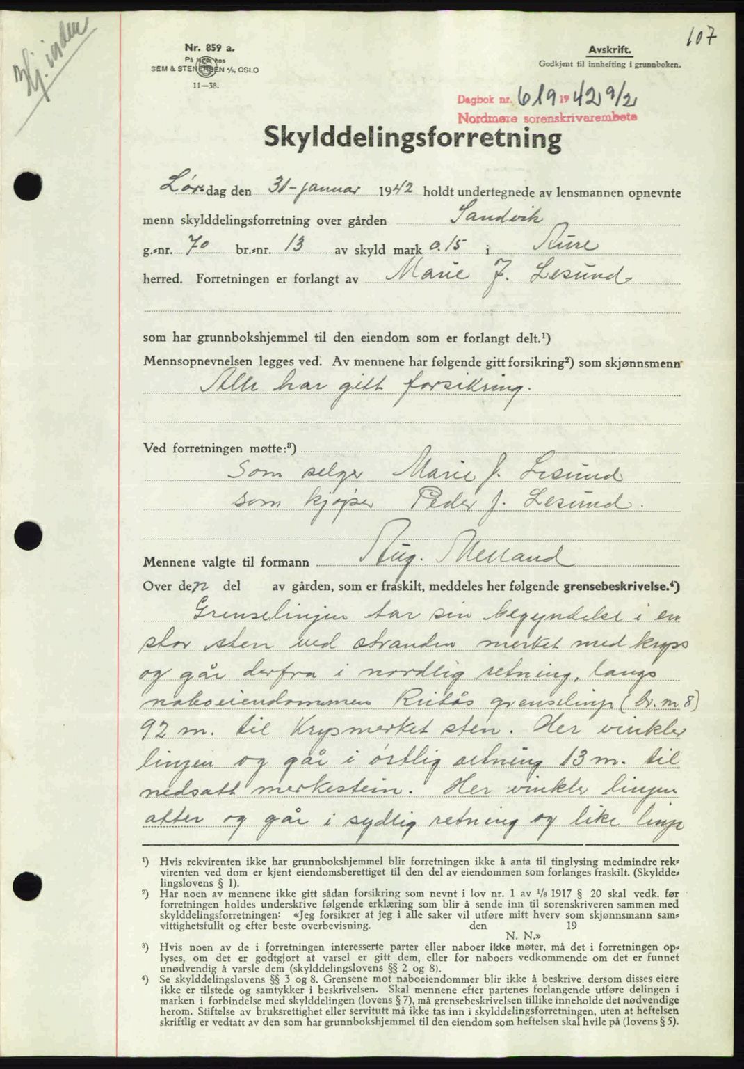 Nordmøre sorenskriveri, AV/SAT-A-4132/1/2/2Ca: Mortgage book no. A92, 1942-1942, Diary no: : 619/1942