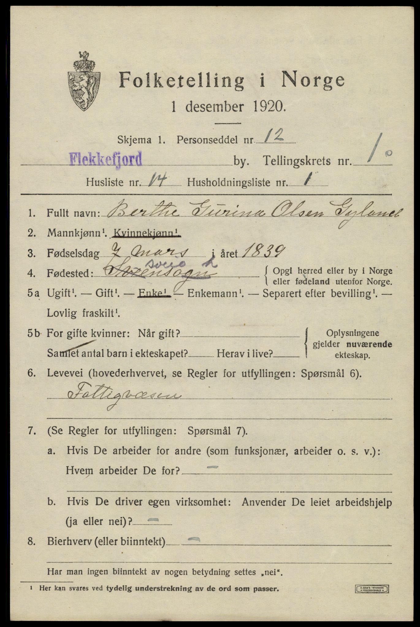 SAK, 1920 census for Flekkefjord, 1920, p. 2018