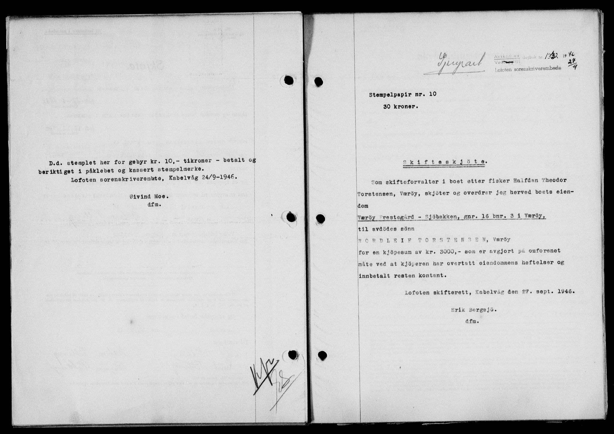 Lofoten sorenskriveri, SAT/A-0017/1/2/2C/L0014a: Mortgage book no. 14a, 1946-1946, Diary no: : 1332/1946