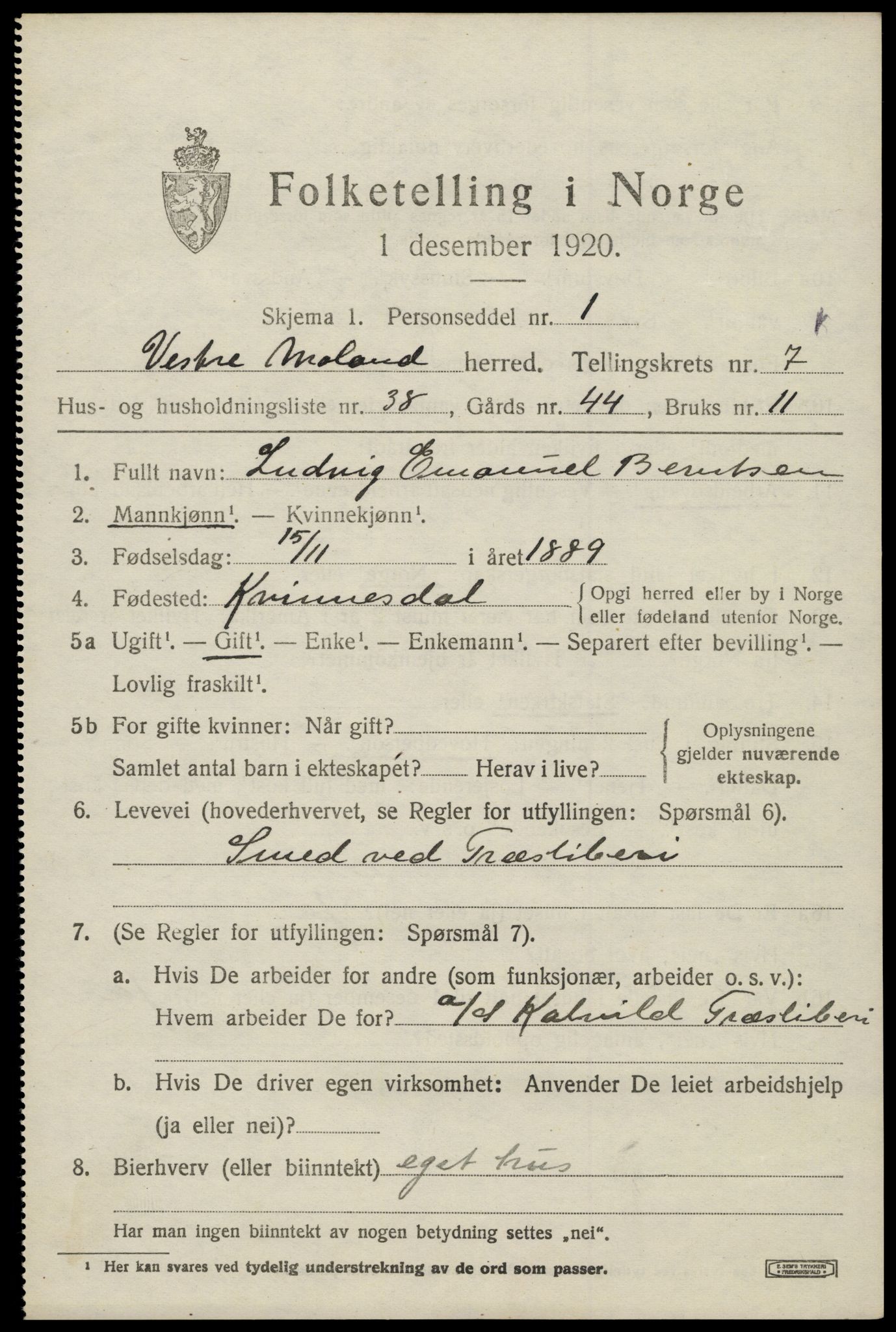 SAK, 1920 census for Vestre Moland, 1920, p. 5183