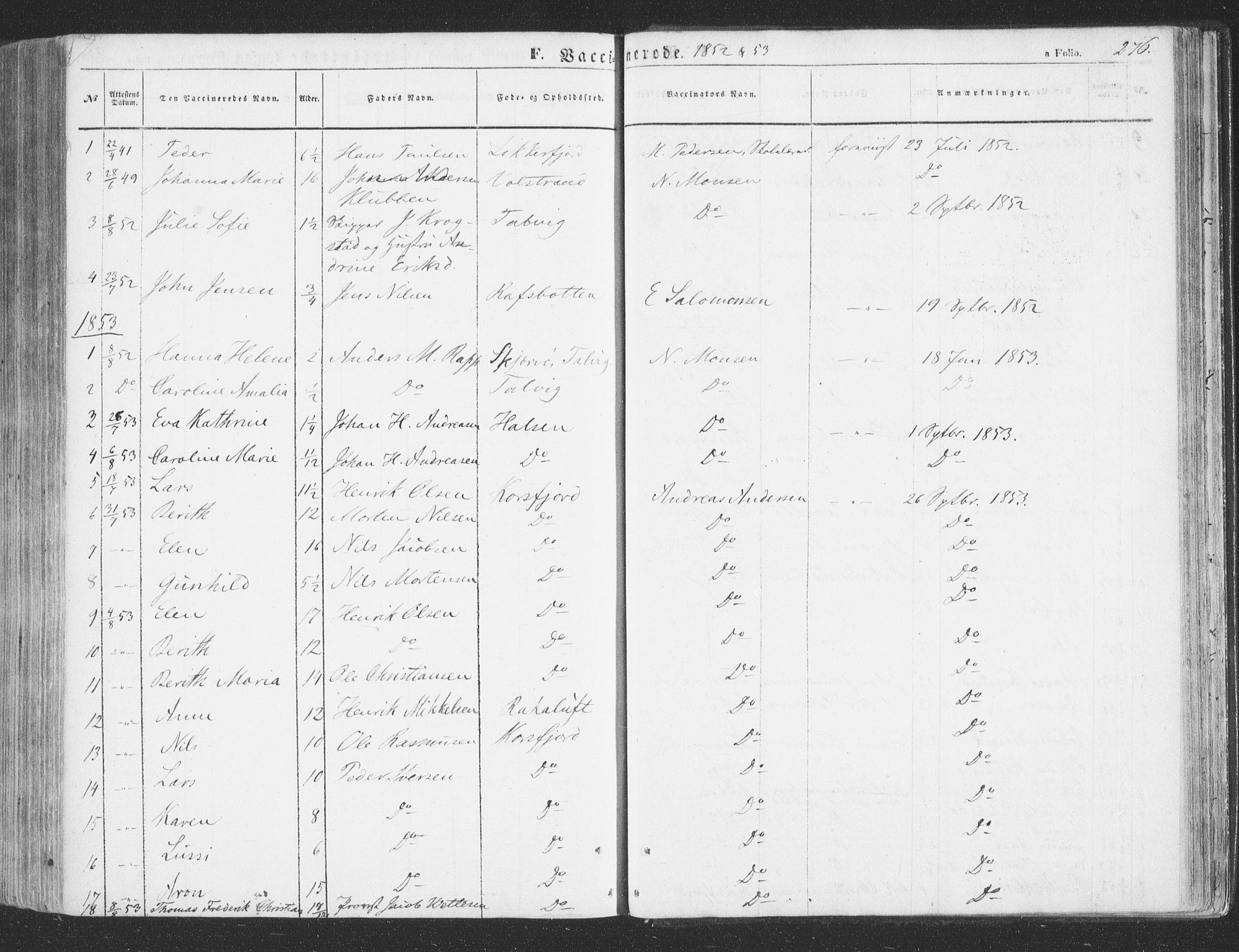 Talvik sokneprestkontor, SATØ/S-1337/H/Ha/L0010kirke: Parish register (official) no. 10, 1852-1864, p. 276