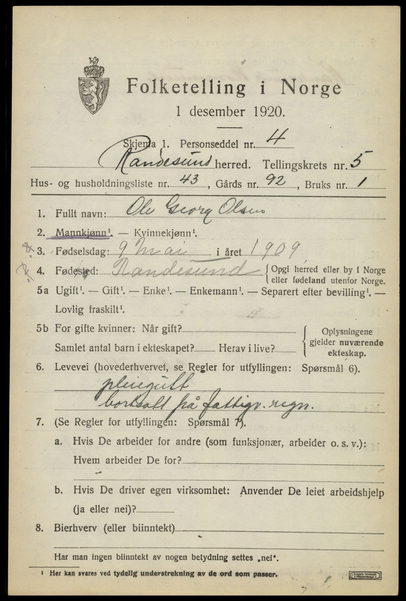 SAK, 1920 census for Randesund, 1920, p. 2718