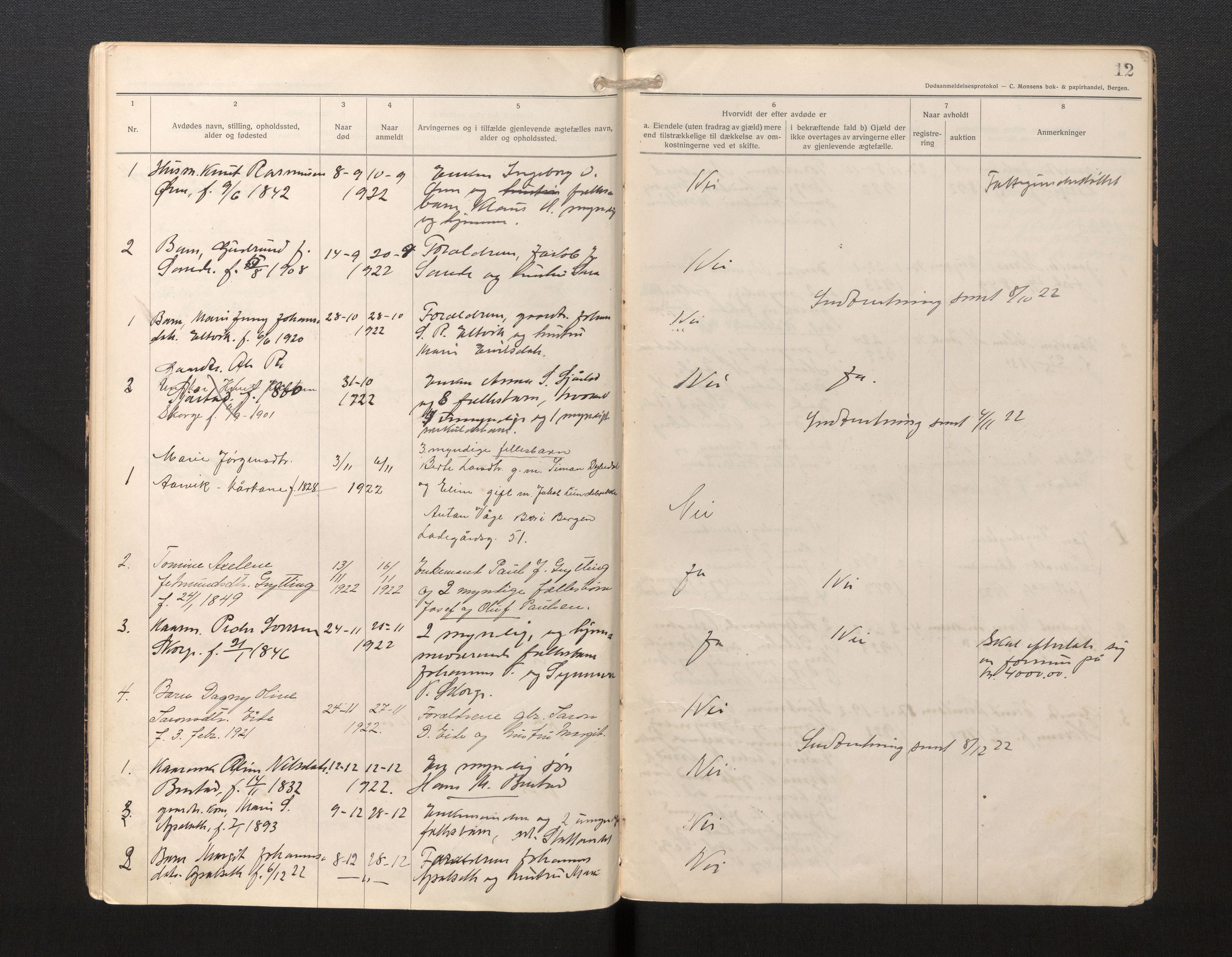 Lensmannen i Selje, AV/SAB-A-29701/0006/L0008: Dødsfallprotokoll, 1920-1925, p. 12