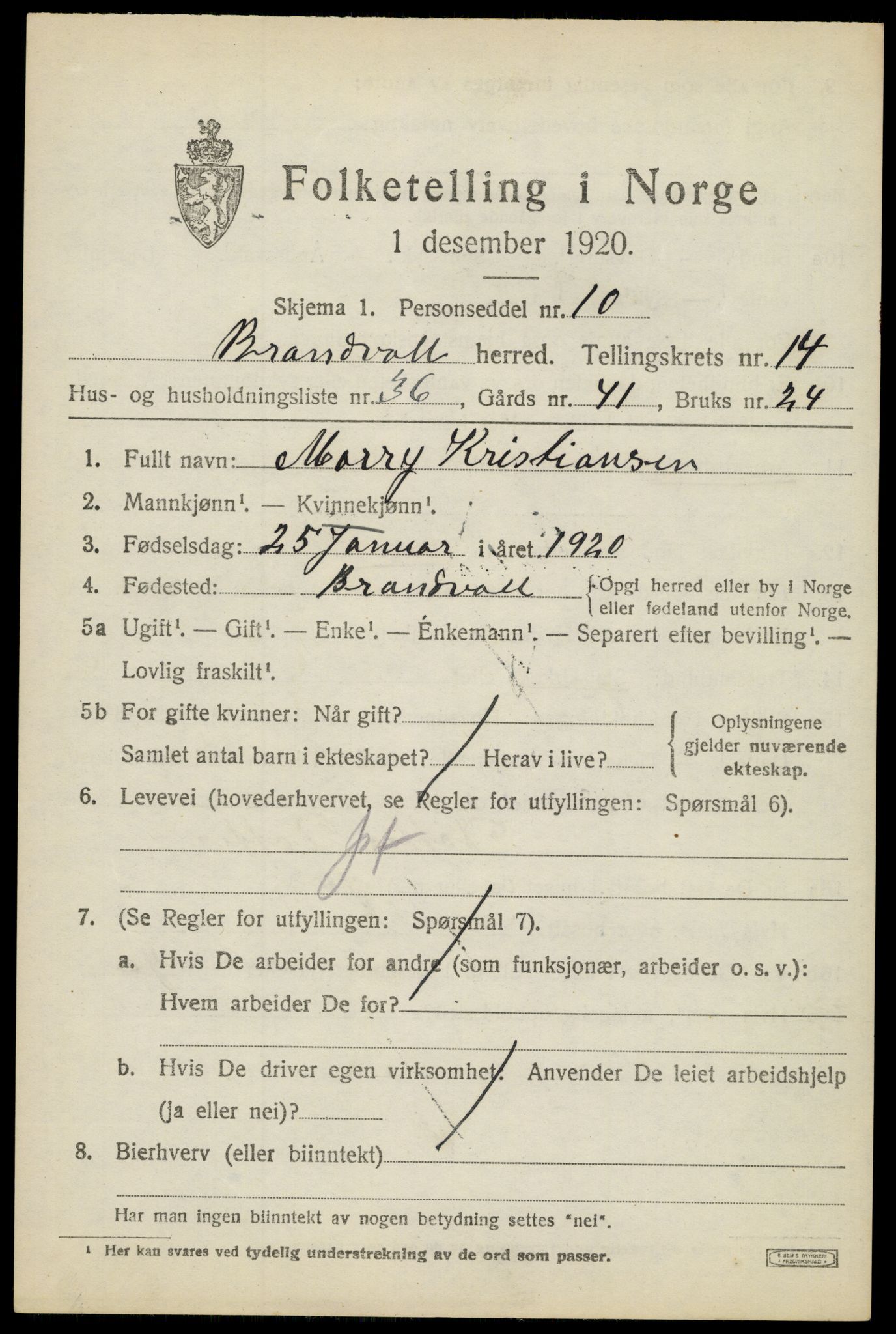 SAH, 1920 census for Brandval, 1920, p. 9910