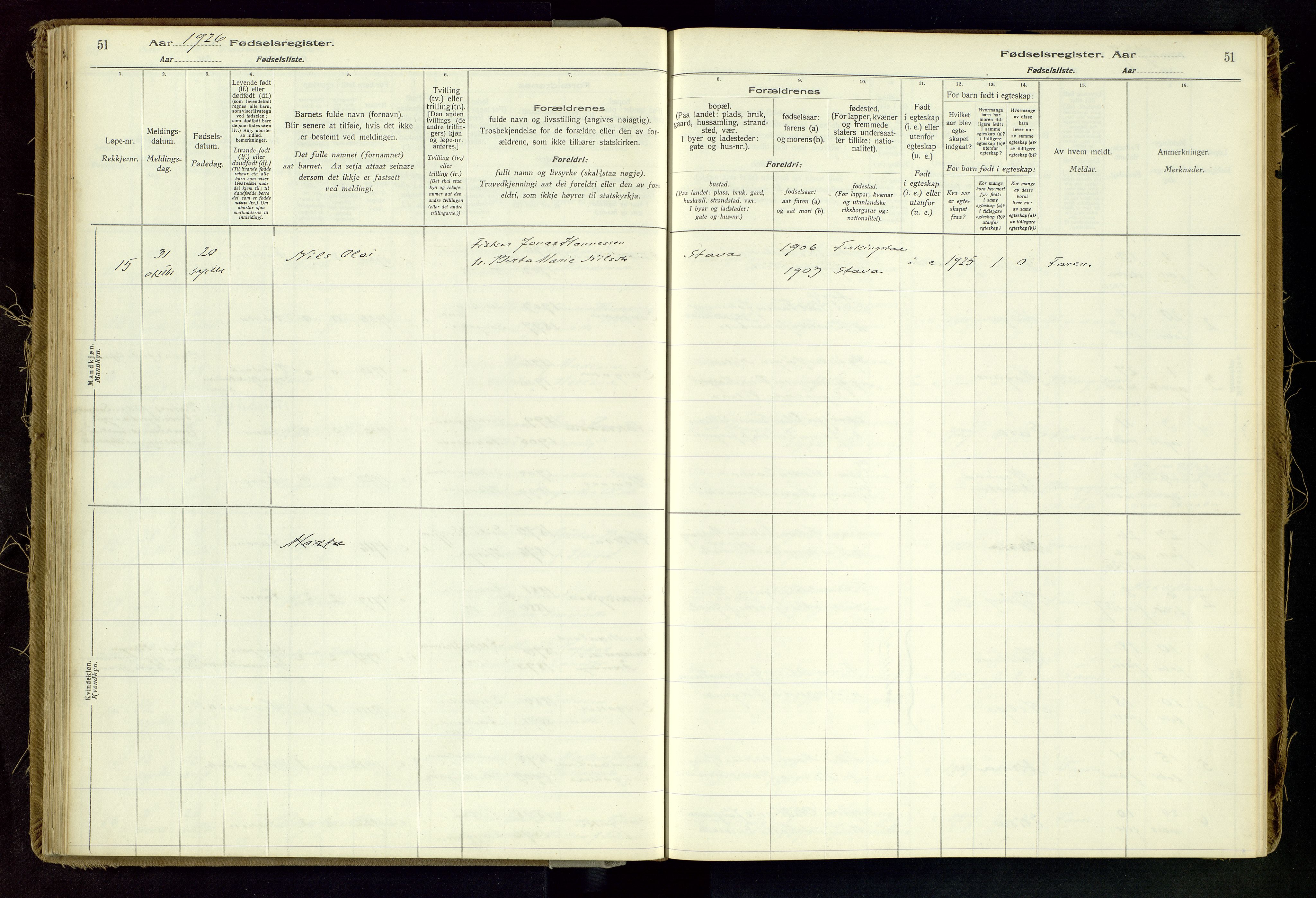Skudenes sokneprestkontor, SAST/A -101849/I/Id/L0002: Birth register no. 2, 1916-1962, p. 51