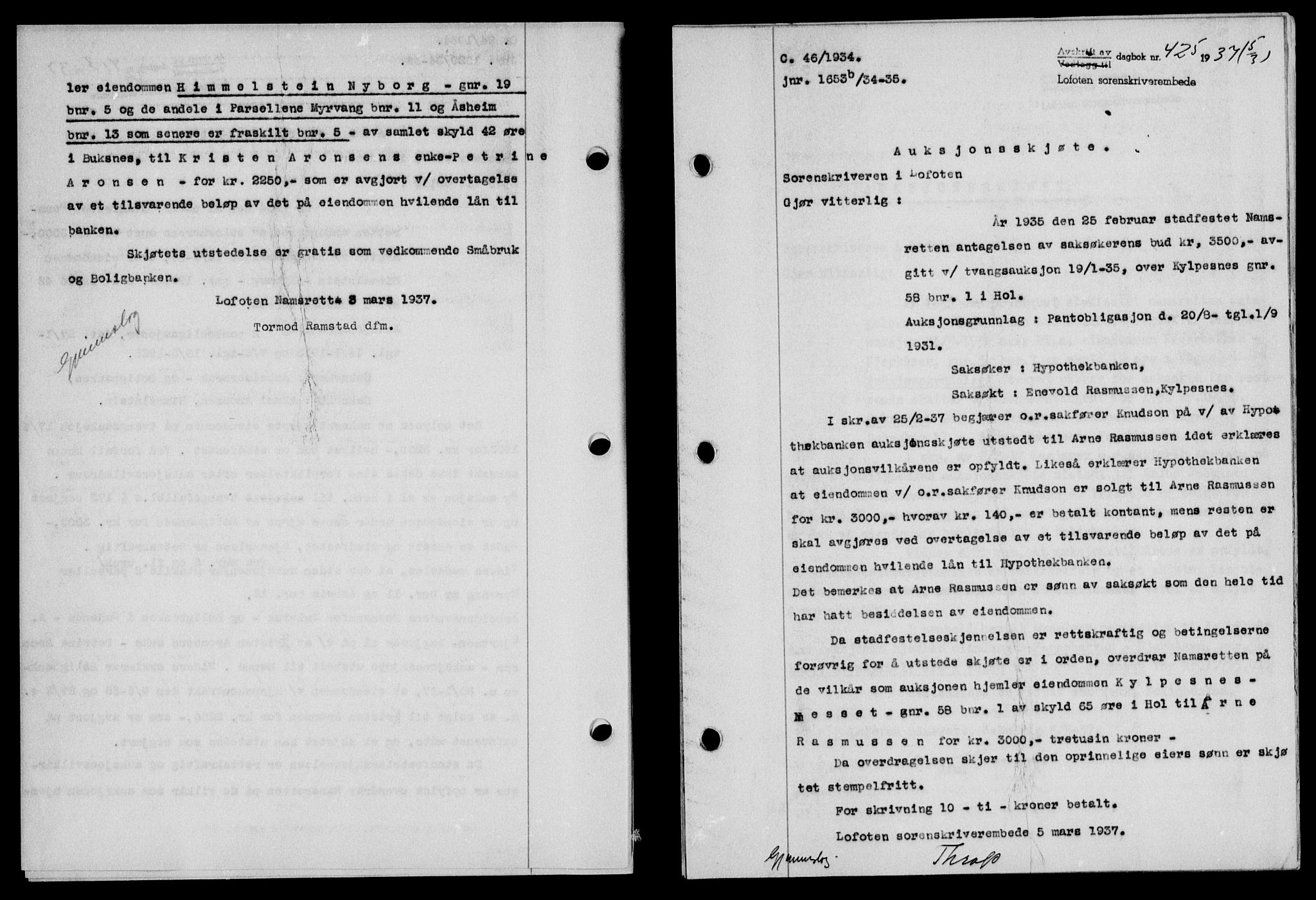 Lofoten sorenskriveri, SAT/A-0017/1/2/2C/L0002a: Mortgage book no. 2a, 1937-1937, Diary no: : 425/1937