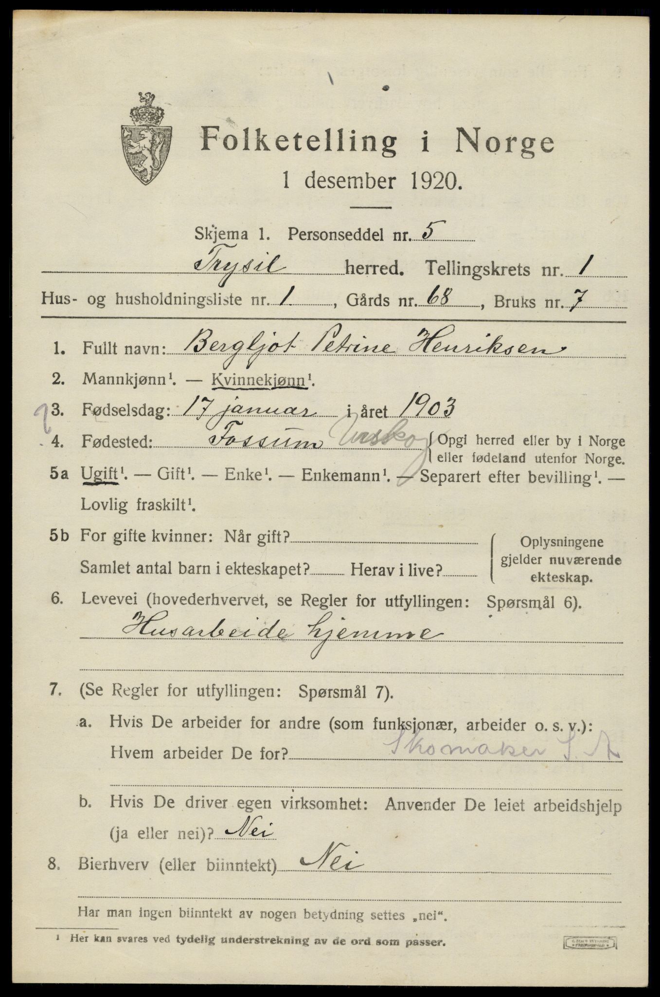 SAH, 1920 census for Trysil, 1920, p. 2545