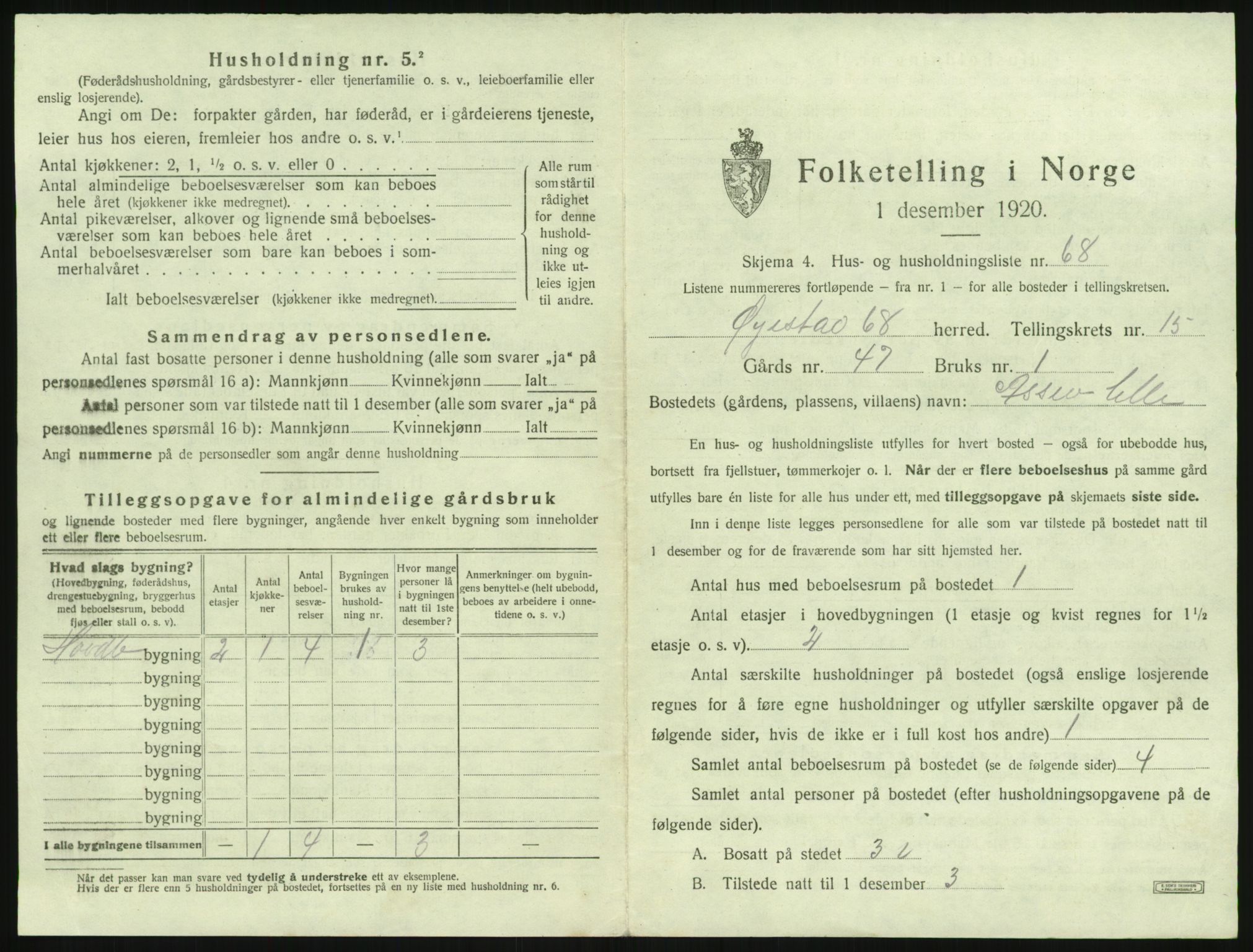 SAK, 1920 census for Øyestad, 1920, p. 1850